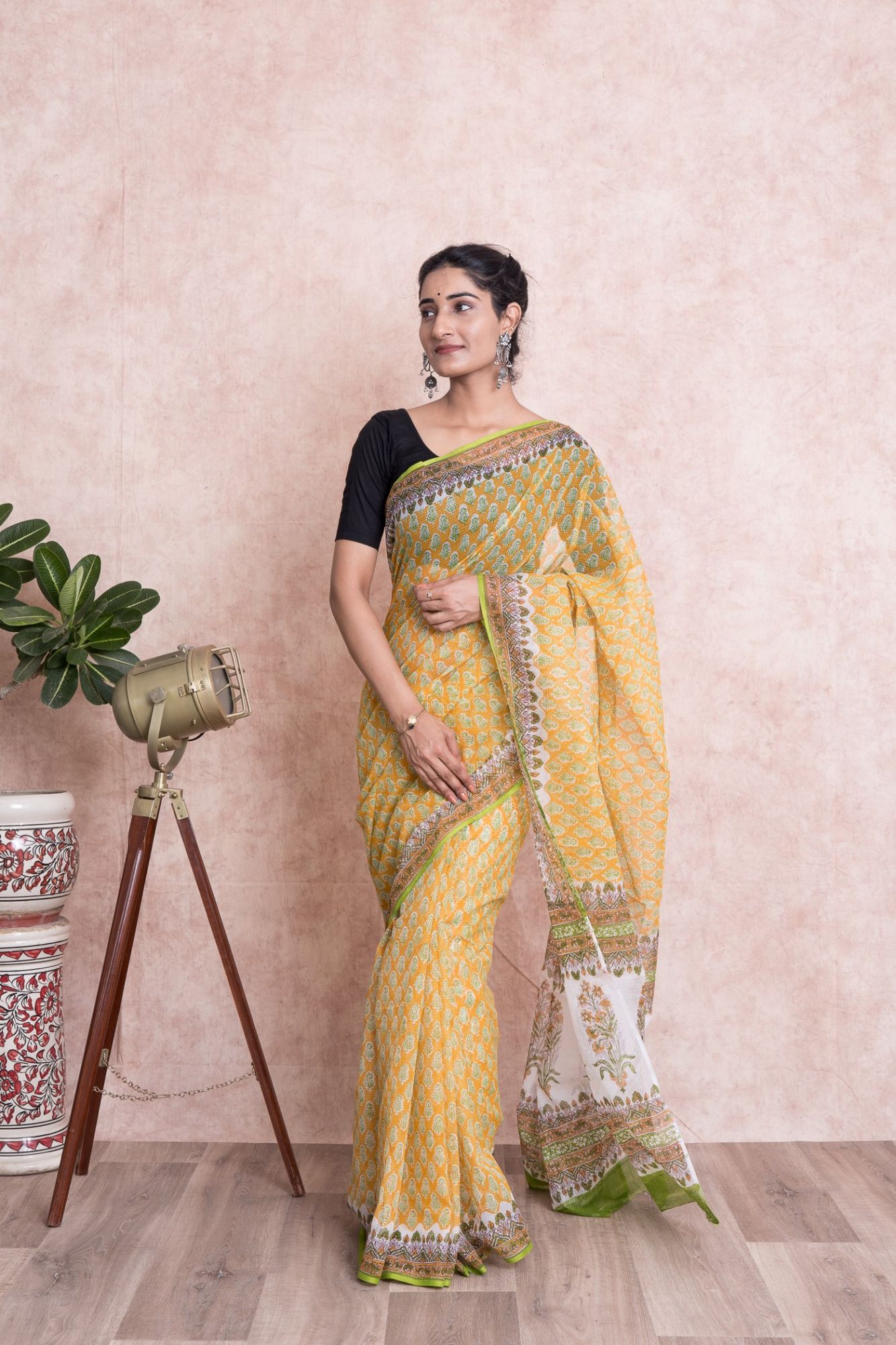 Hand Block Printed Kota Doria Saree with Mulmul Cotton Unstitched Blouse - Yellow