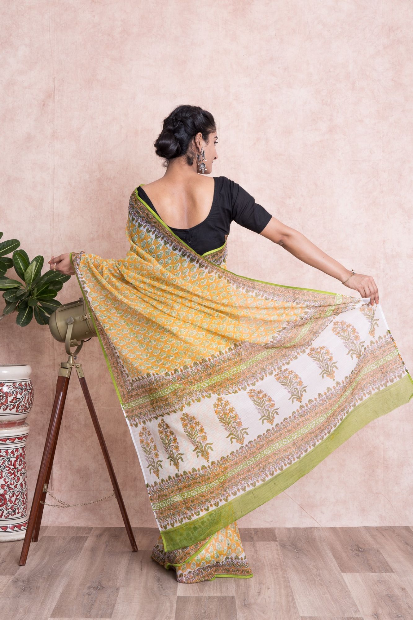 Hand Block Printed Kota Doria Saree with Mulmul Cotton Unstitched Blouse - Yellow