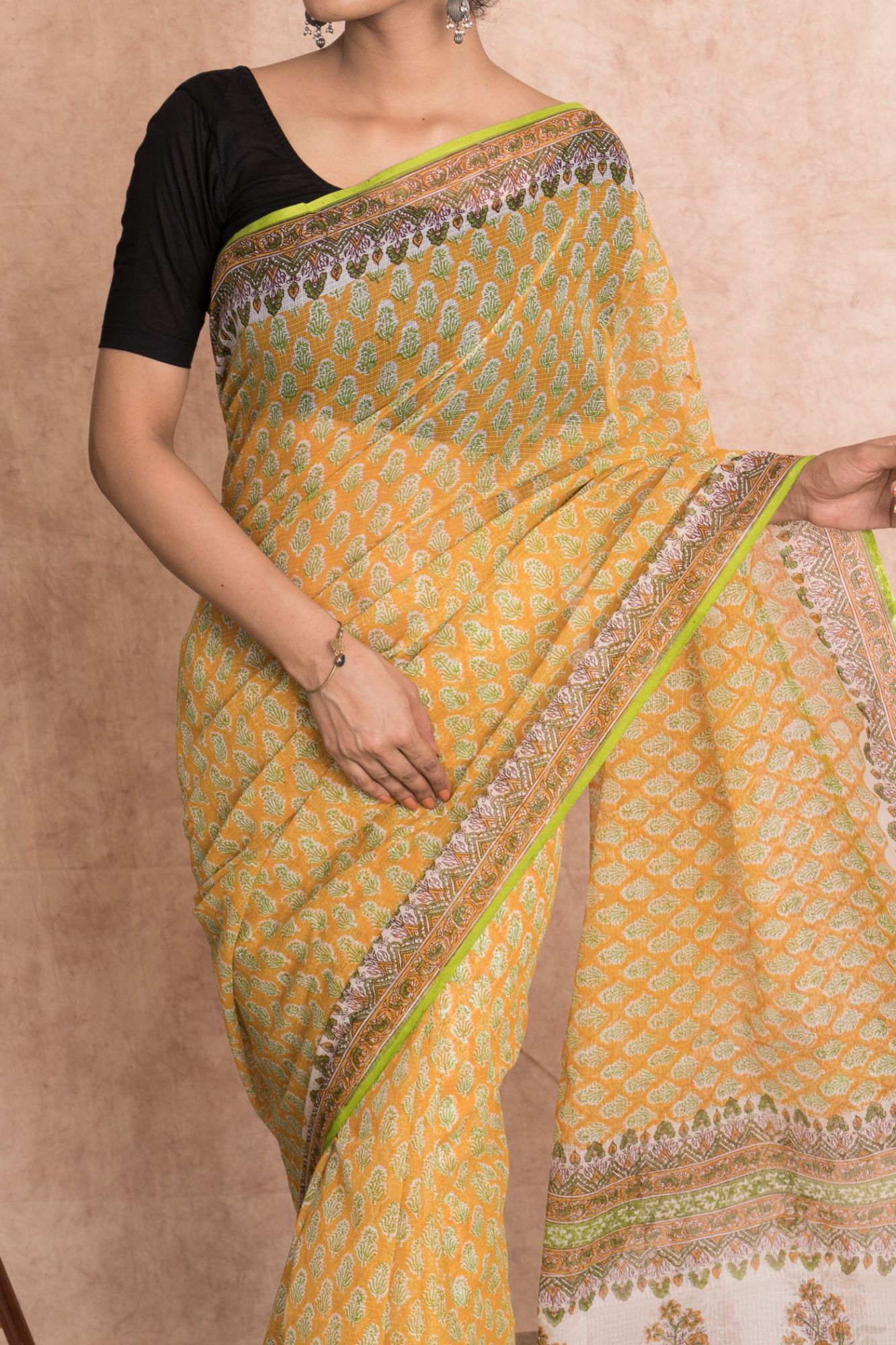 Hand Block Printed Kota Doria Saree with Mulmul Cotton Unstitched Blouse - Yellow