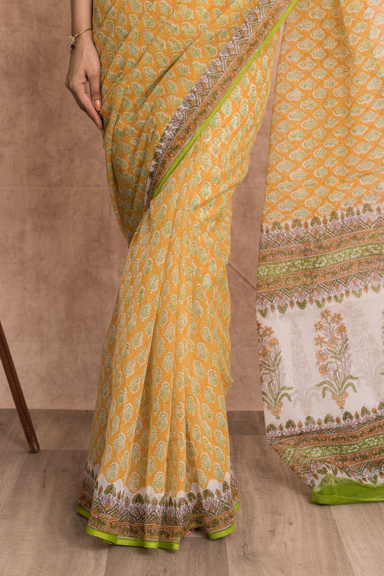 Hand Block Printed Kota Doria Saree with Mulmul Cotton Unstitched Blouse - Yellow