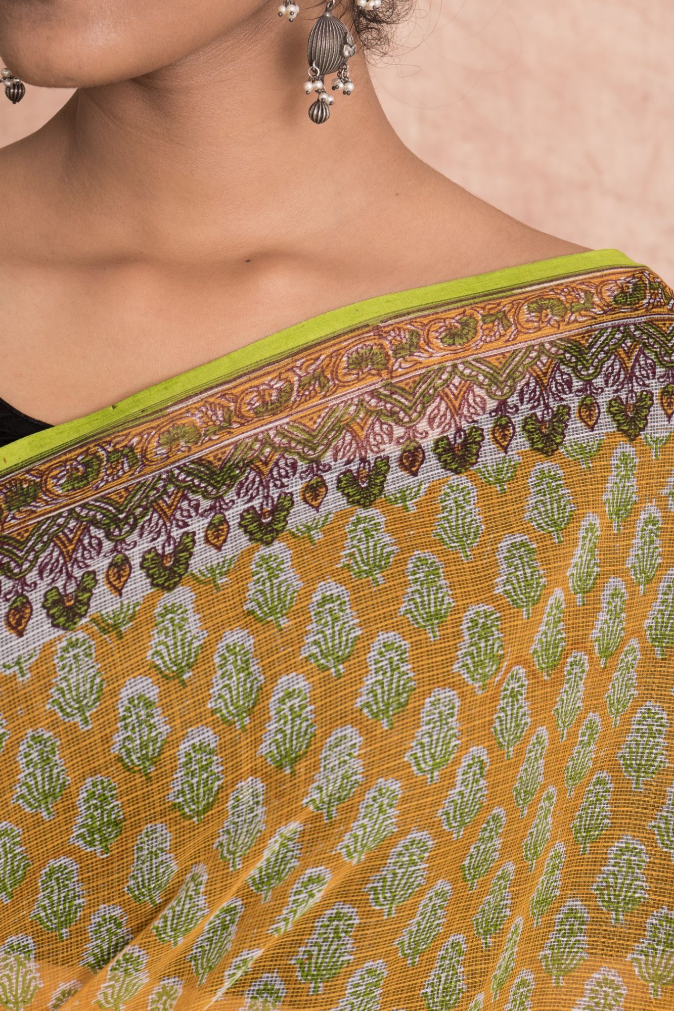 Hand Block Printed Kota Doria Saree with Mulmul Cotton Unstitched Blouse - Yellow