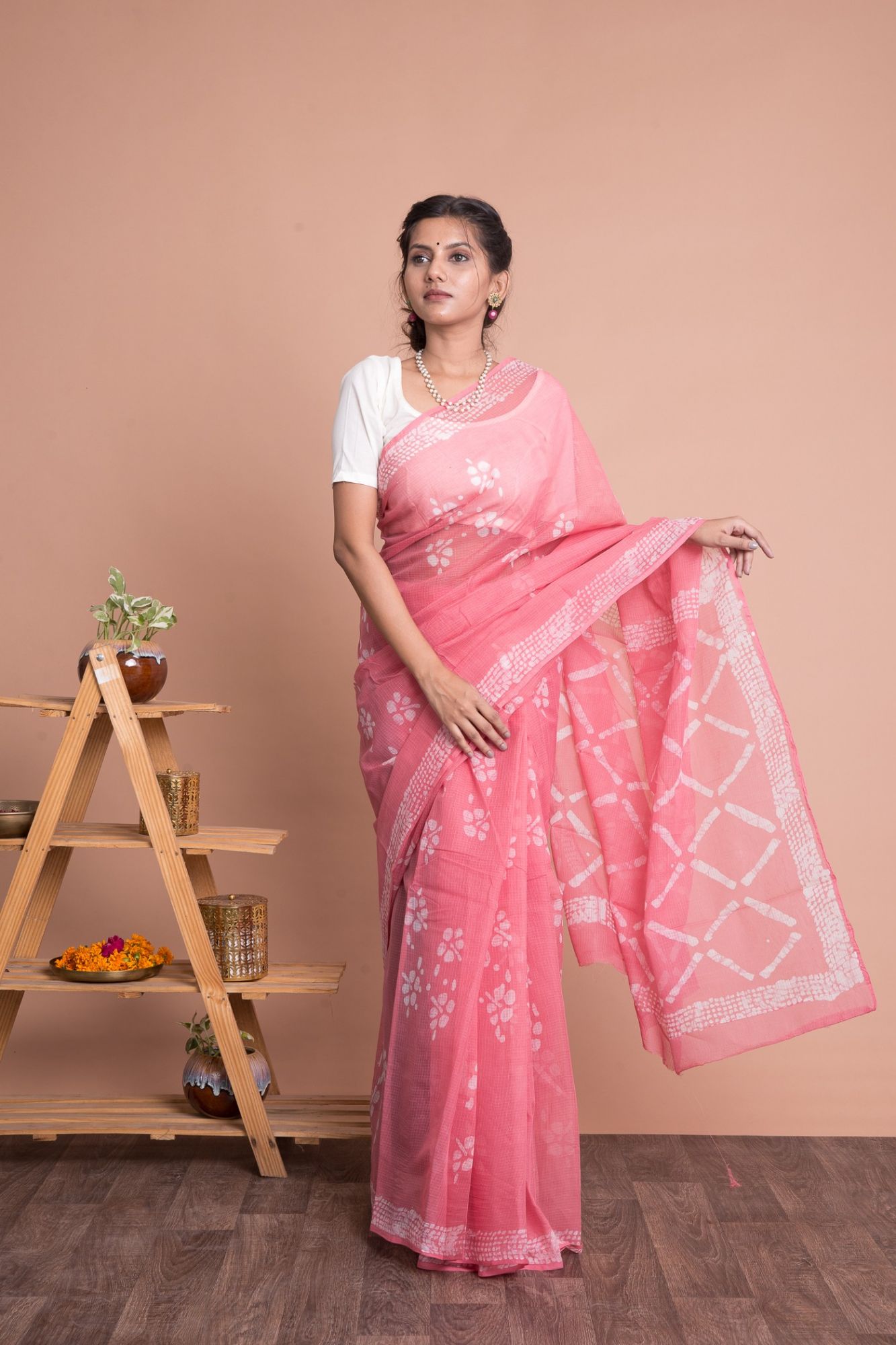 Batik Print Floral Pattern Kota Doria Saree with Mulmul Cotton Unstitched Blouse - Pink