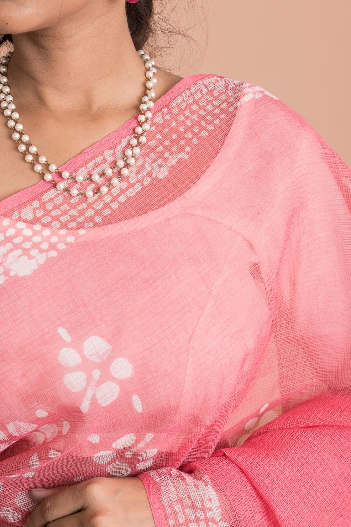 Batik Print Floral Pattern Kota Doria Saree with Mulmul Cotton Unstitched Blouse - Pink