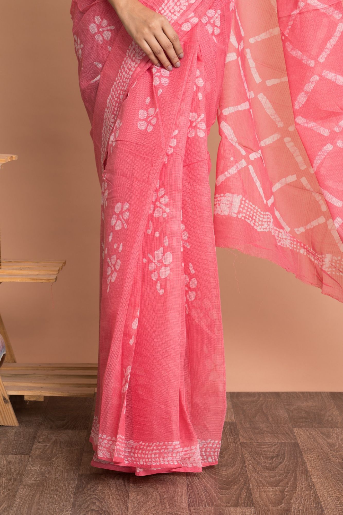 Batik Print Floral Pattern Kota Doria Saree with Mulmul Cotton Unstitched Blouse - Pink