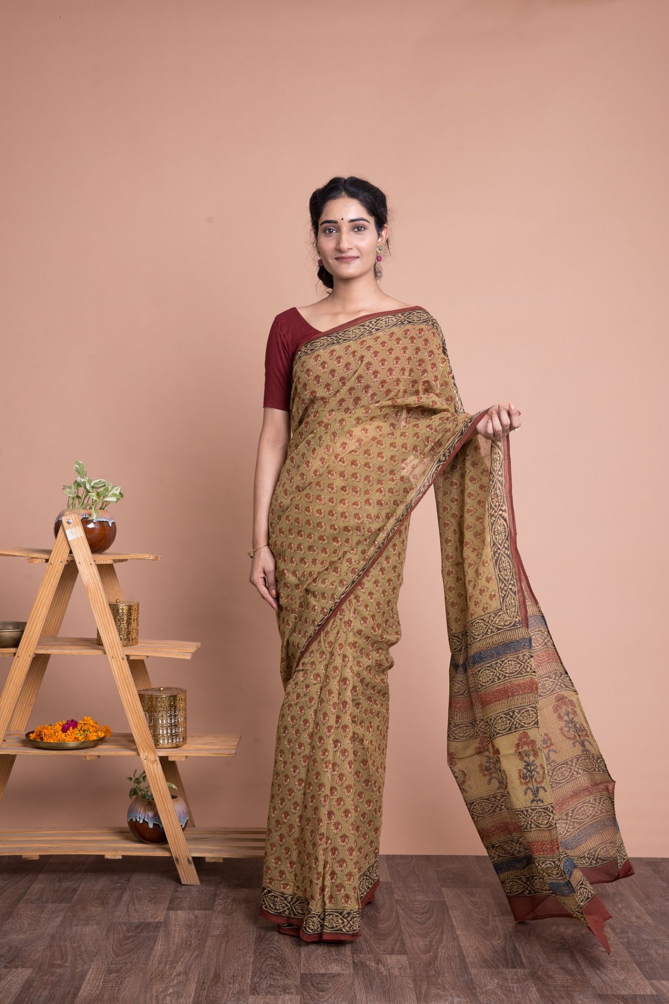 Bagru Print Booti Pattern Kota Doria Saree with Mulmul Cotton Unstitched Blouse - Brown