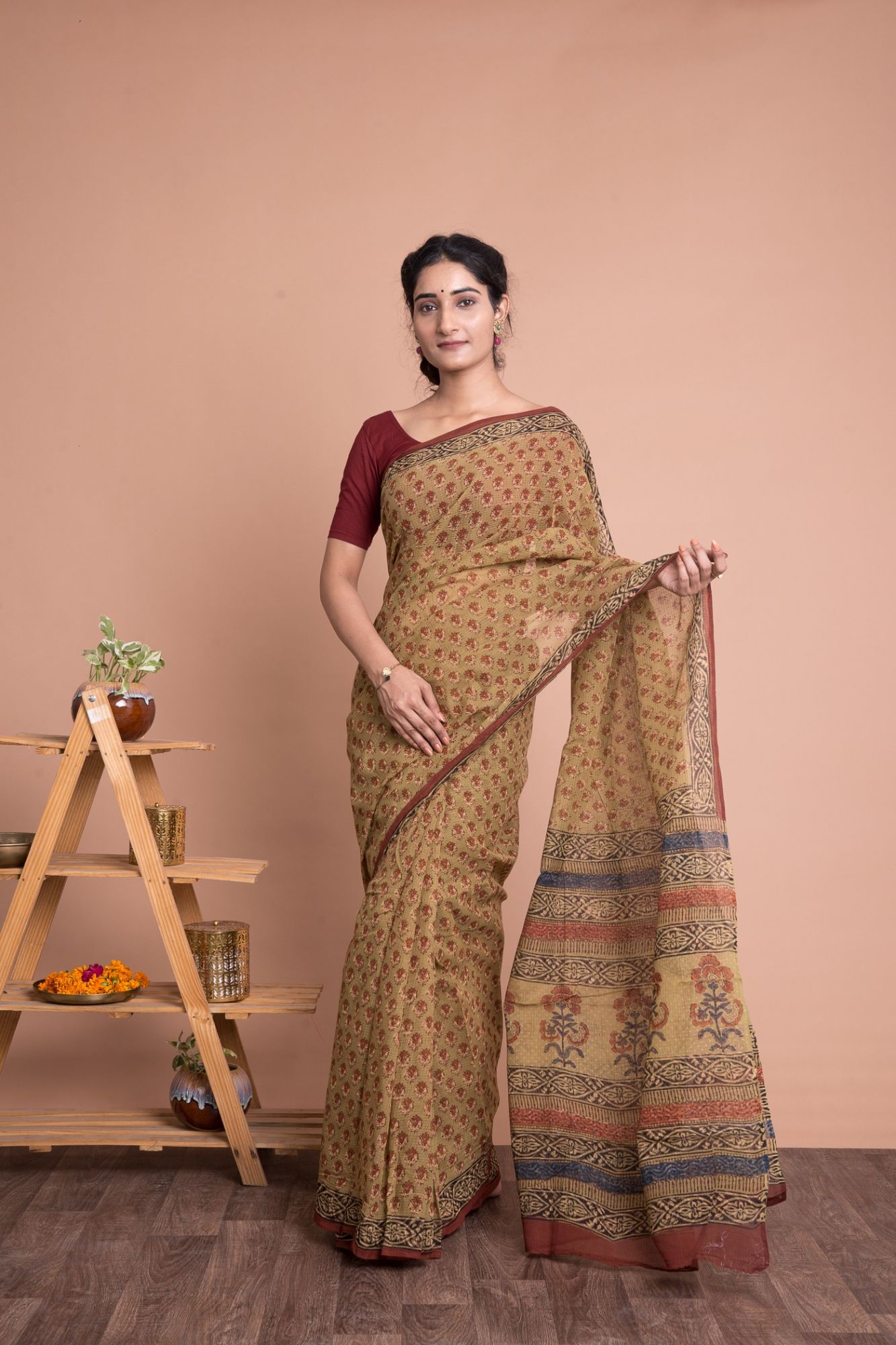 Bagru Print Booti Pattern Kota Doria Saree with Mulmul Cotton Unstitched Blouse - Brown