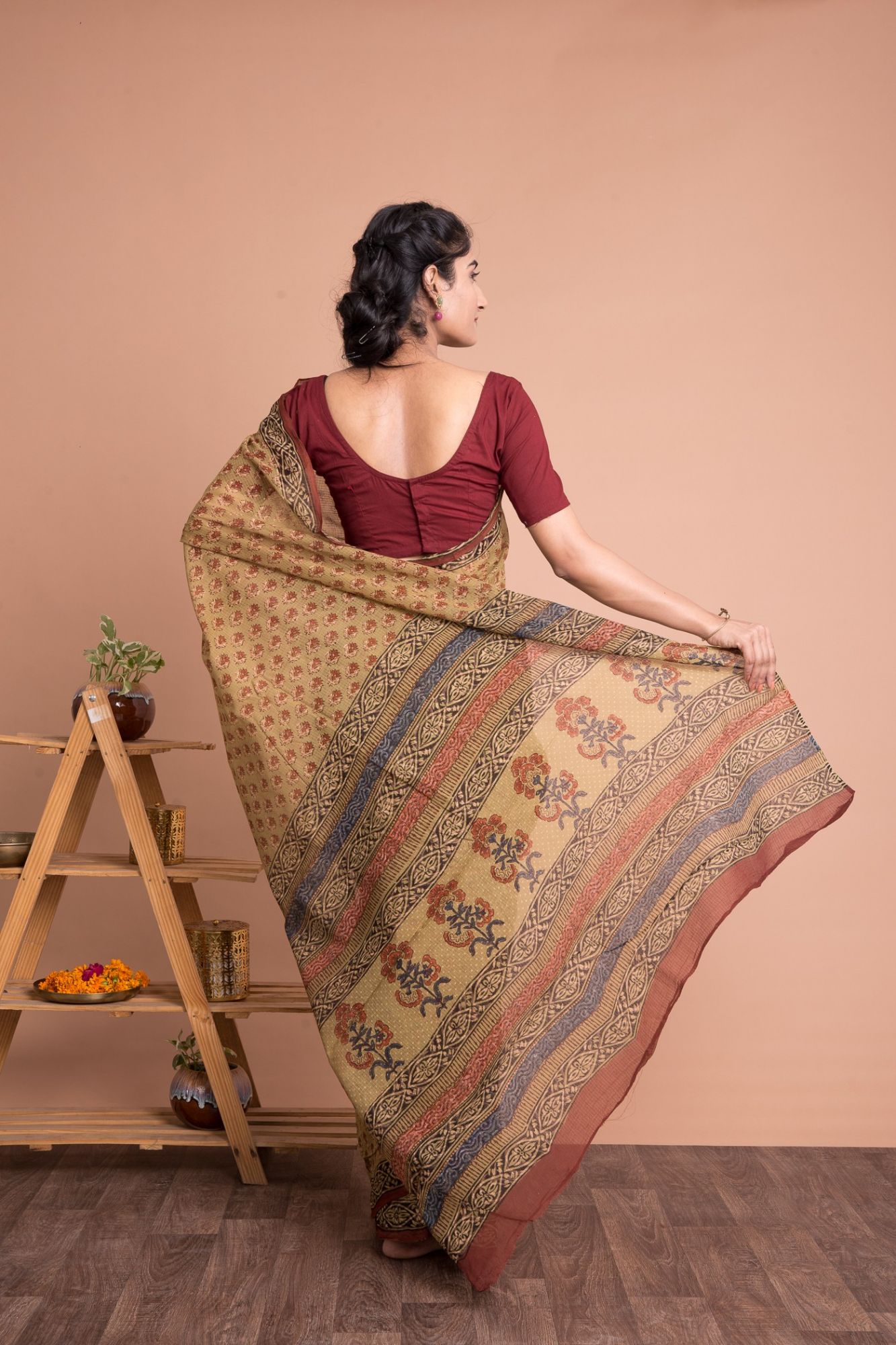 Bagru Print Booti Pattern Kota Doria Saree with Mulmul Cotton Unstitched Blouse - Brown