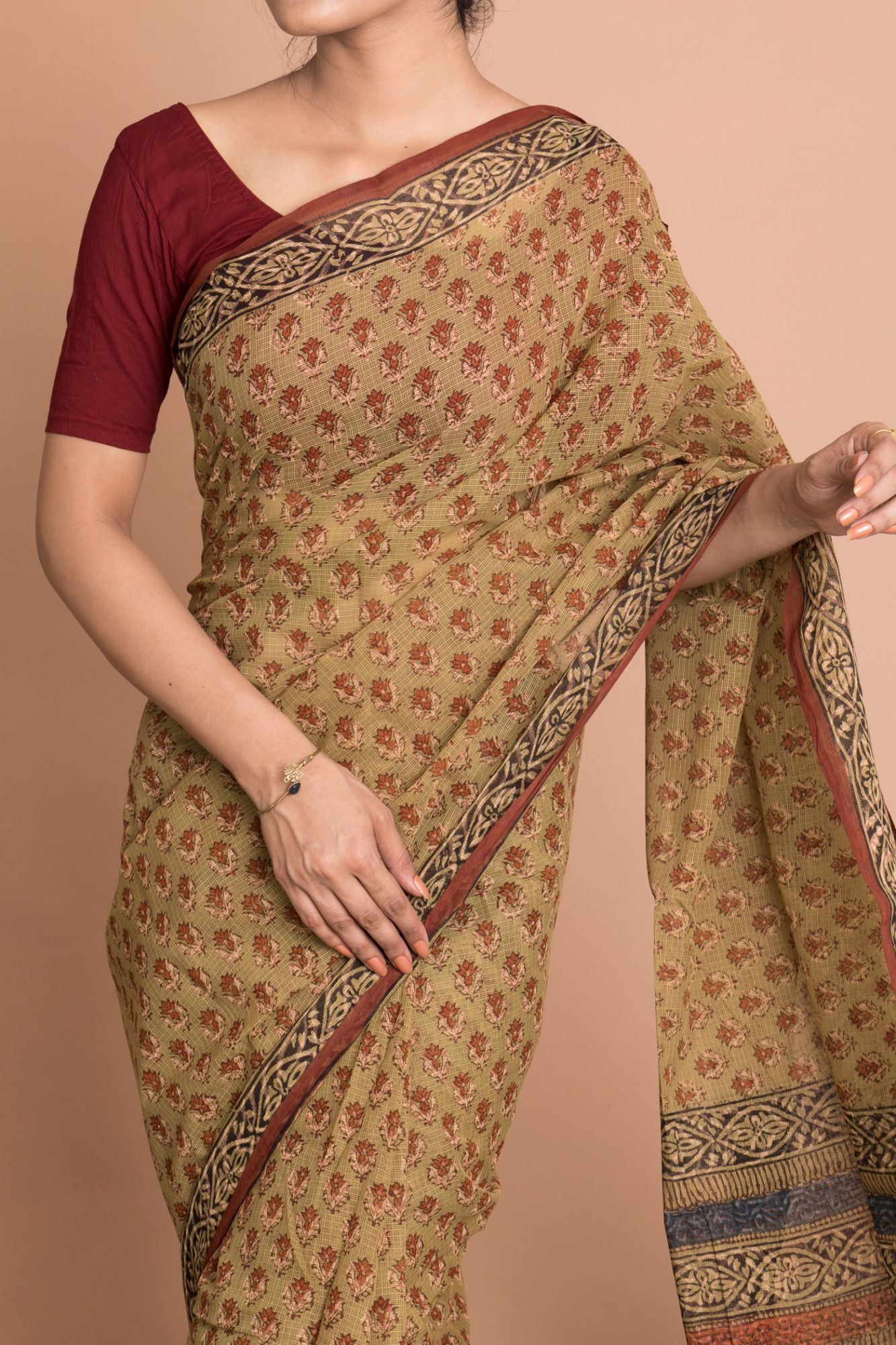 Bagru Print Booti Pattern Kota Doria Saree with Mulmul Cotton Unstitched Blouse - Brown