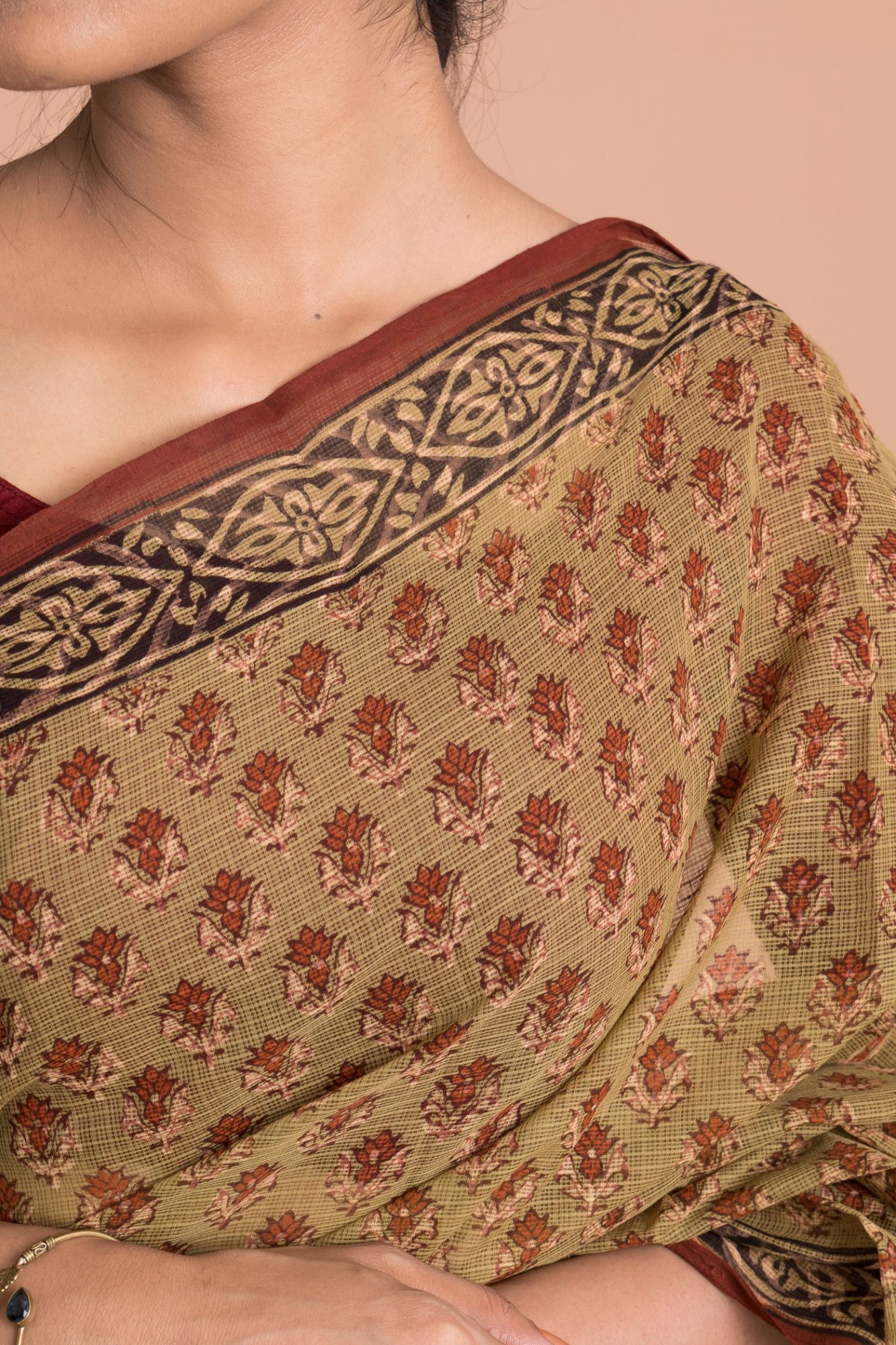 Bagru Print Booti Pattern Kota Doria Saree with Mulmul Cotton Unstitched Blouse - Brown