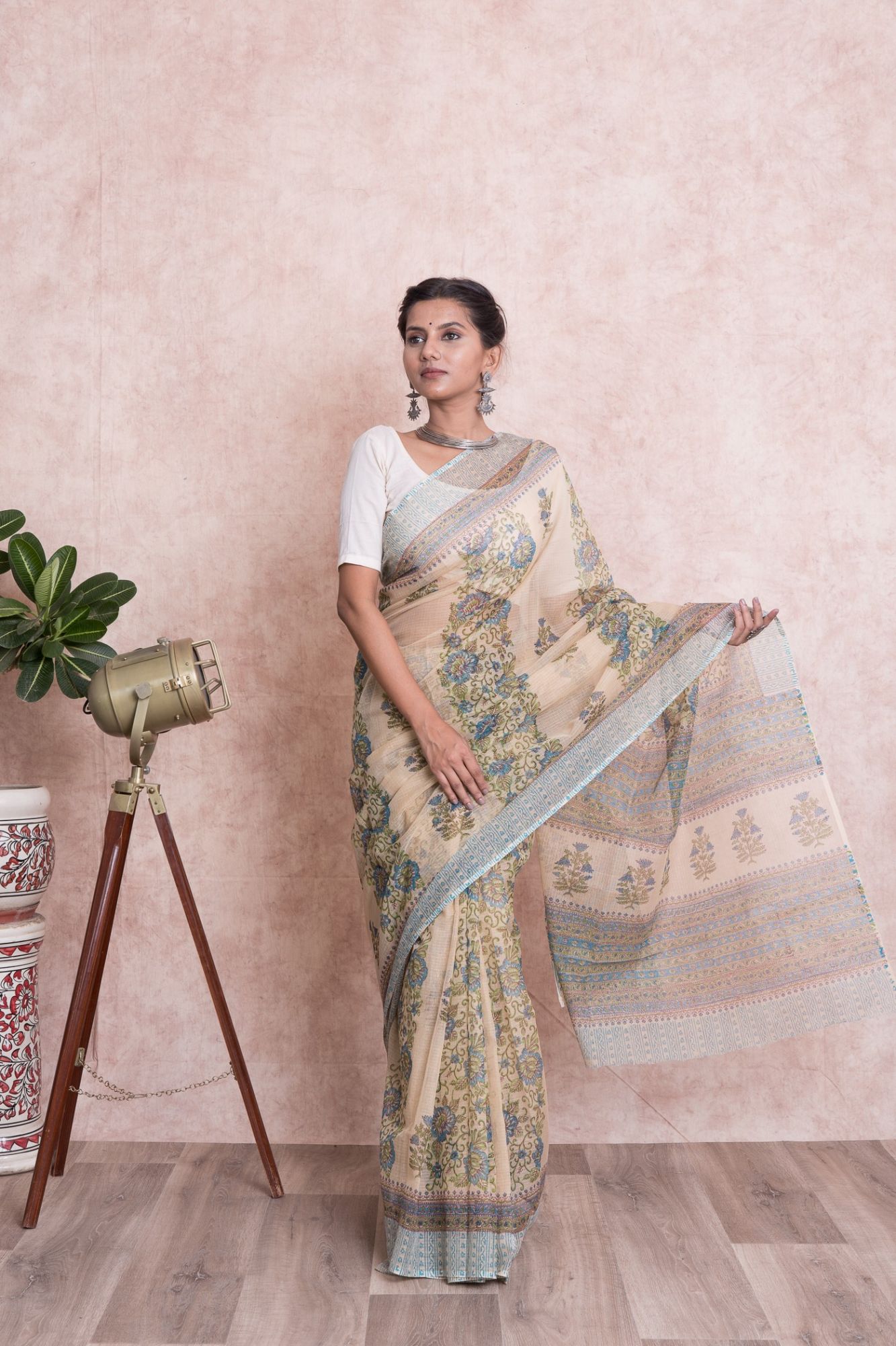 Floral Pattern Hand Block Printed Kota Doria Saree with Mulmul Cotton Unstitched Blouse