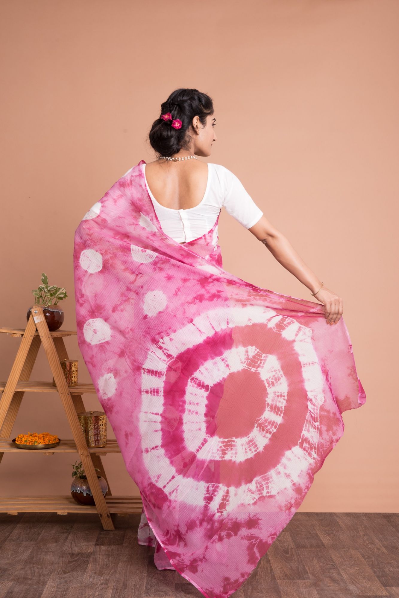 Tie And Dye Marble Print Kota Doria Saree with Mulmul Cotton Unstitched Blouse - Pink