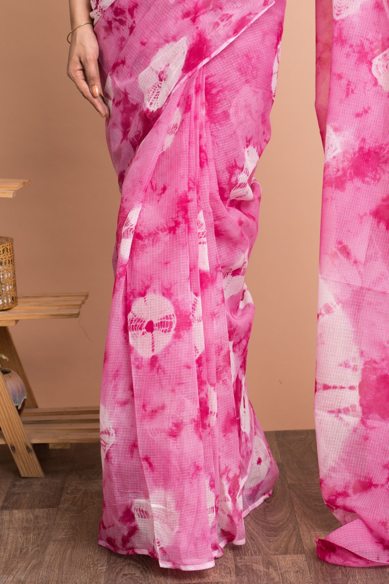 Tie And Dye Marble Print Kota Doria Saree with Mulmul Cotton Unstitched Blouse - Pink