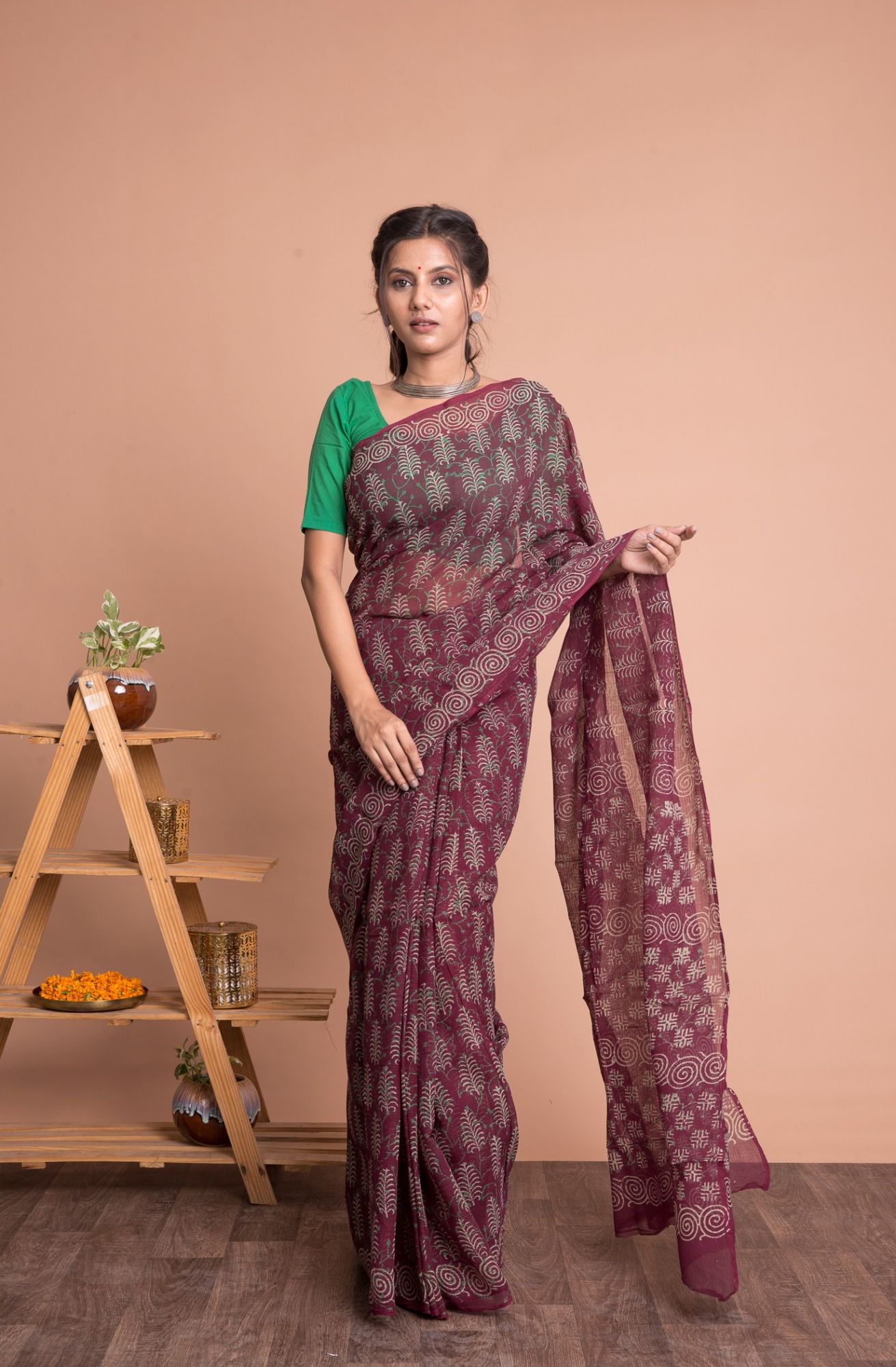 Naphtol Print Kota Doria Saree with Mulmul Cotton Unstitched Blouse - Maroon