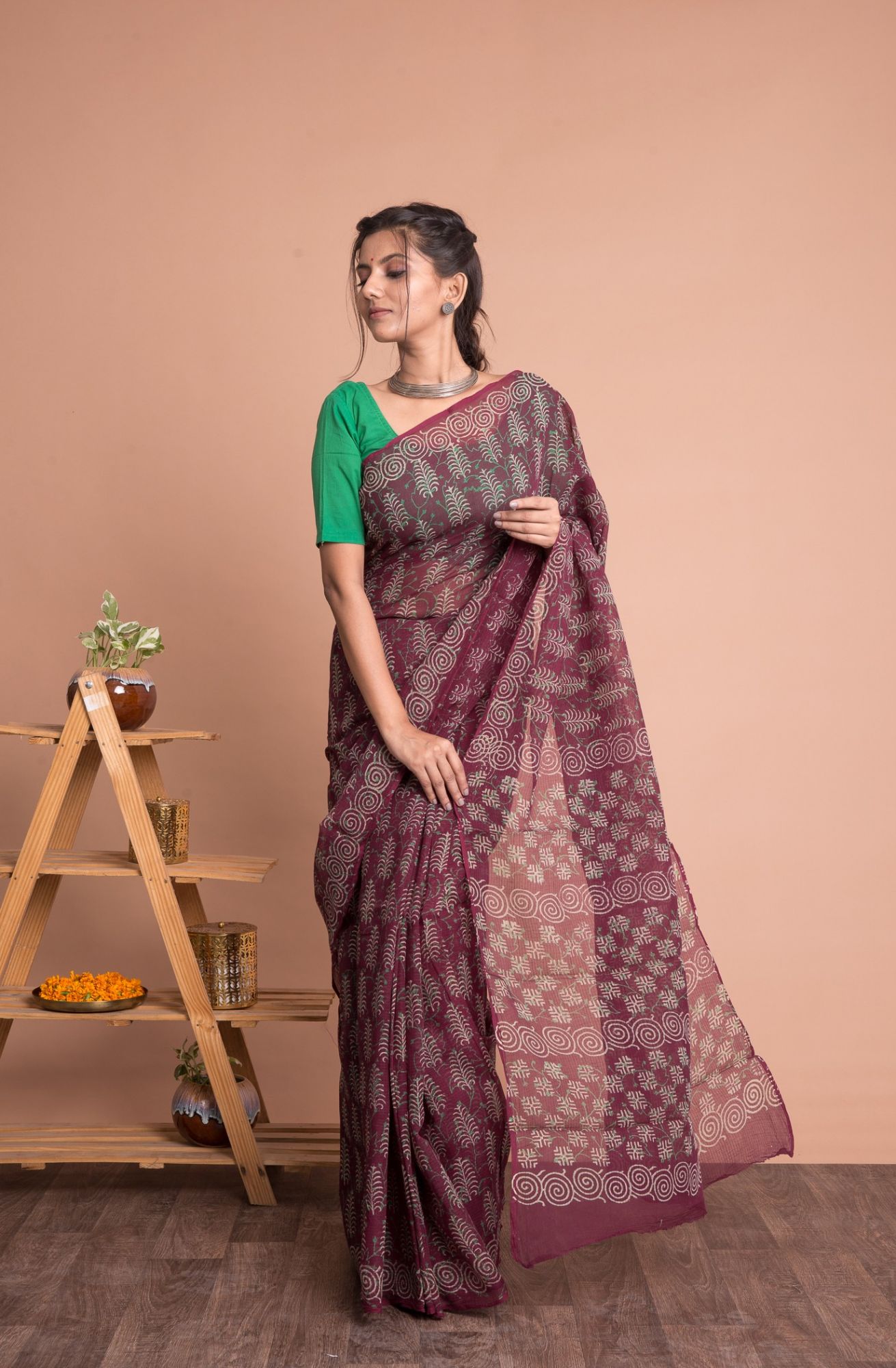 Naphtol Print Kota Doria Saree with Mulmul Cotton Unstitched Blouse - Maroon