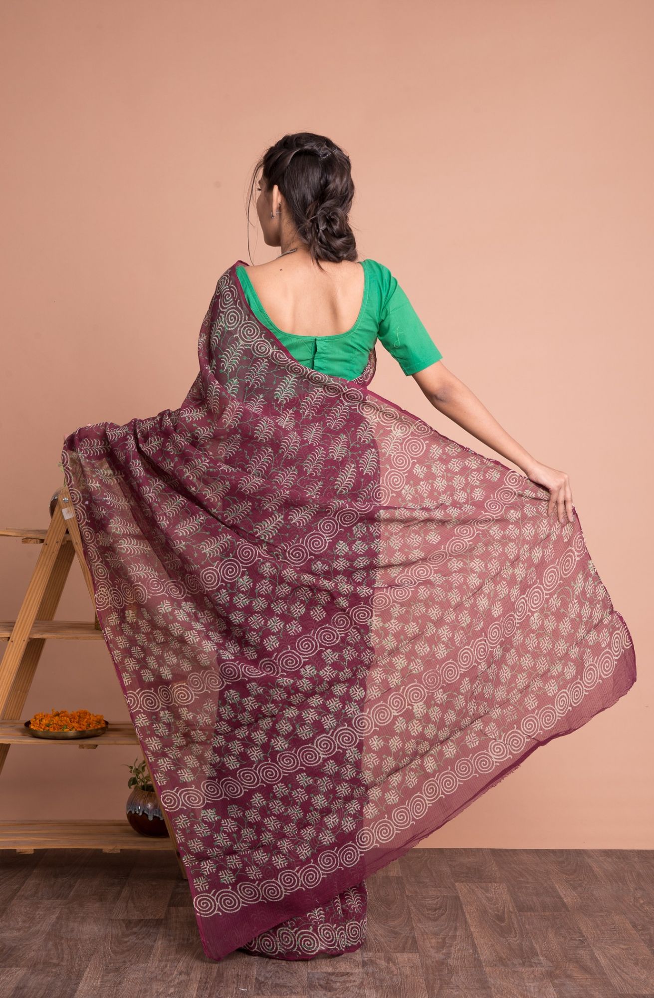 Naphtol Print Kota Doria Saree with Mulmul Cotton Unstitched Blouse - Maroon