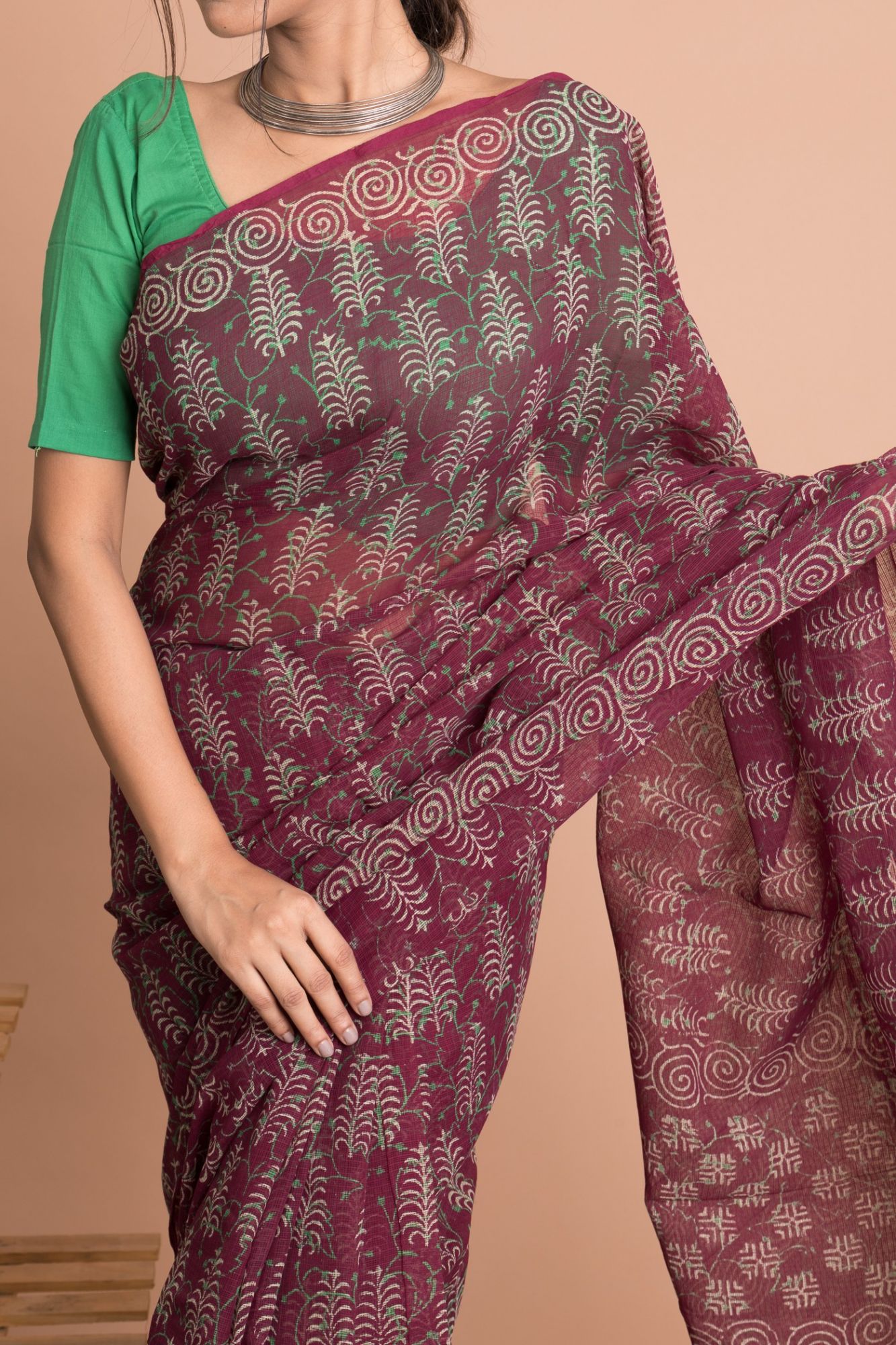 Naphtol Print Kota Doria Saree with Mulmul Cotton Unstitched Blouse - Maroon