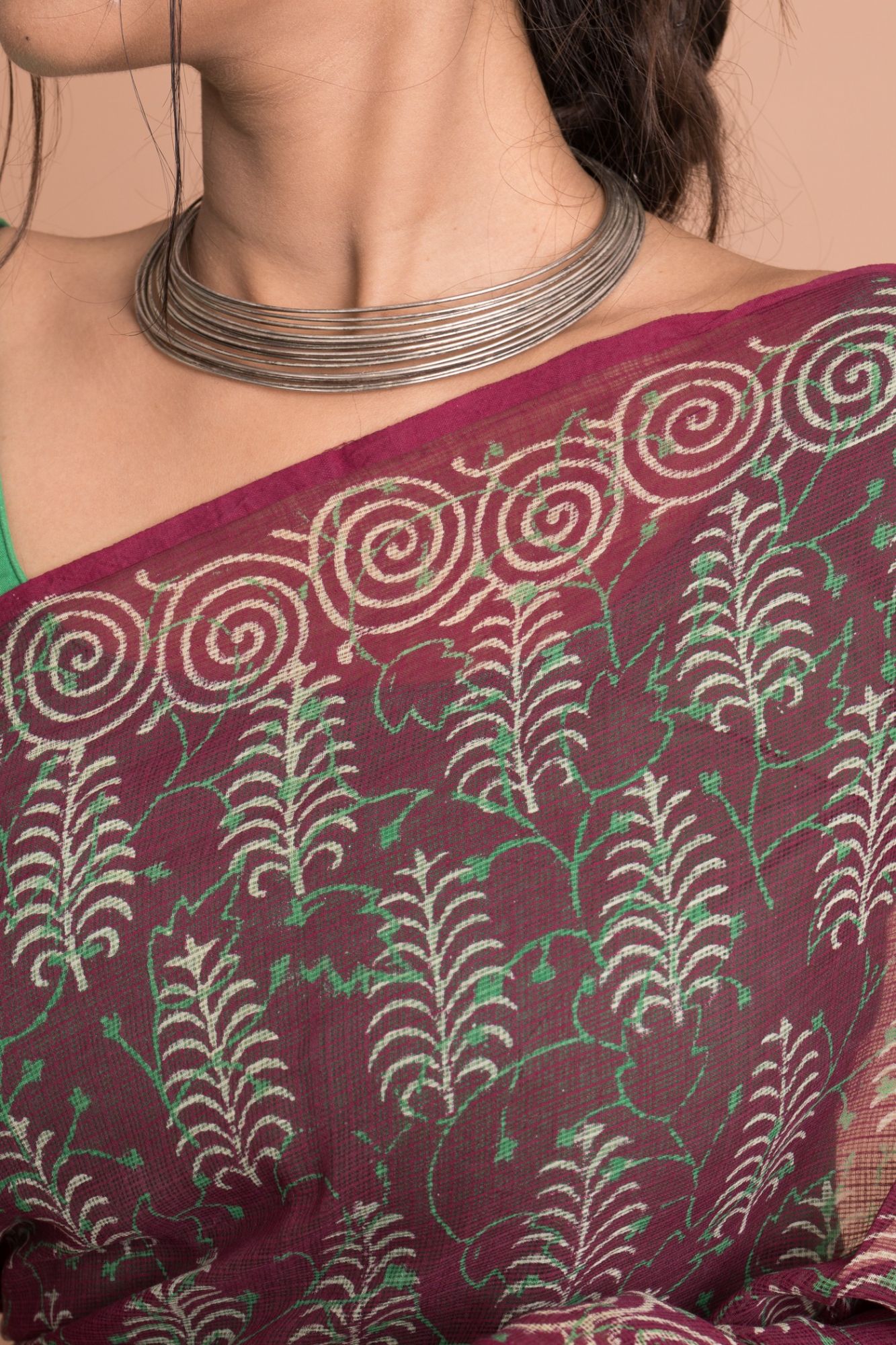 Naphtol Print Kota Doria Saree with Mulmul Cotton Unstitched Blouse - Maroon