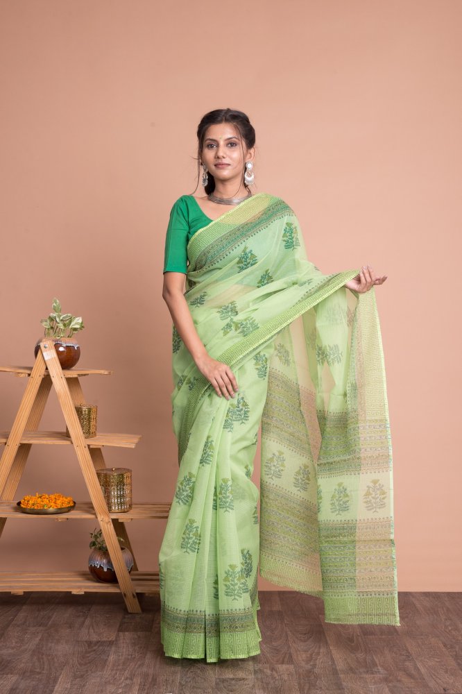 Hand Block Printed Kota Doria Saree with Mulmul Cotton Unstitched Blouse Floral Pattern