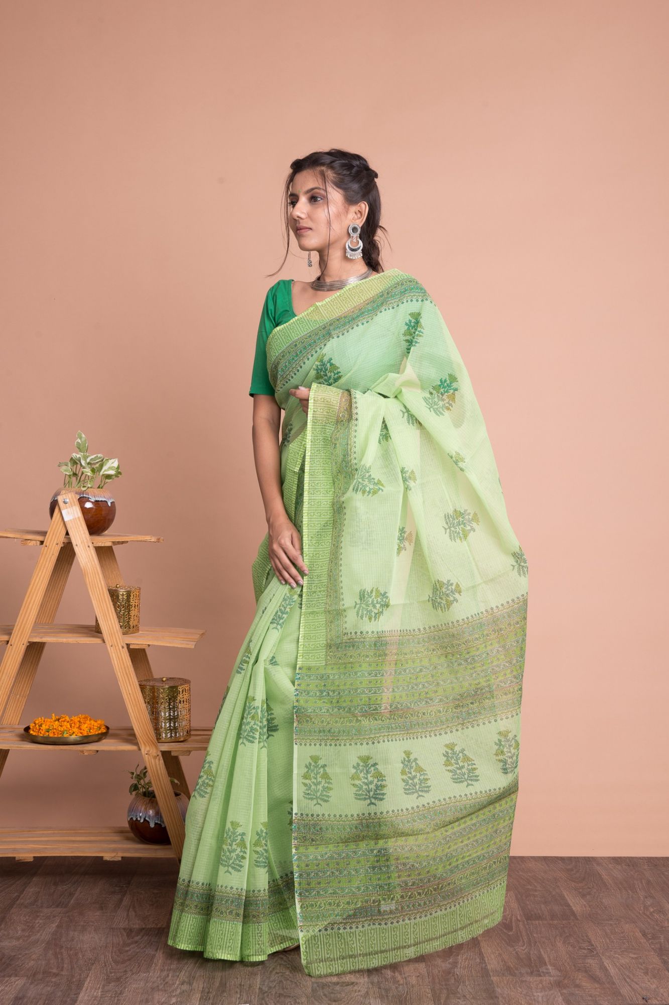 Hand Block Printed Kota Doria Saree with Mulmul Cotton Unstitched Blouse Floral Pattern