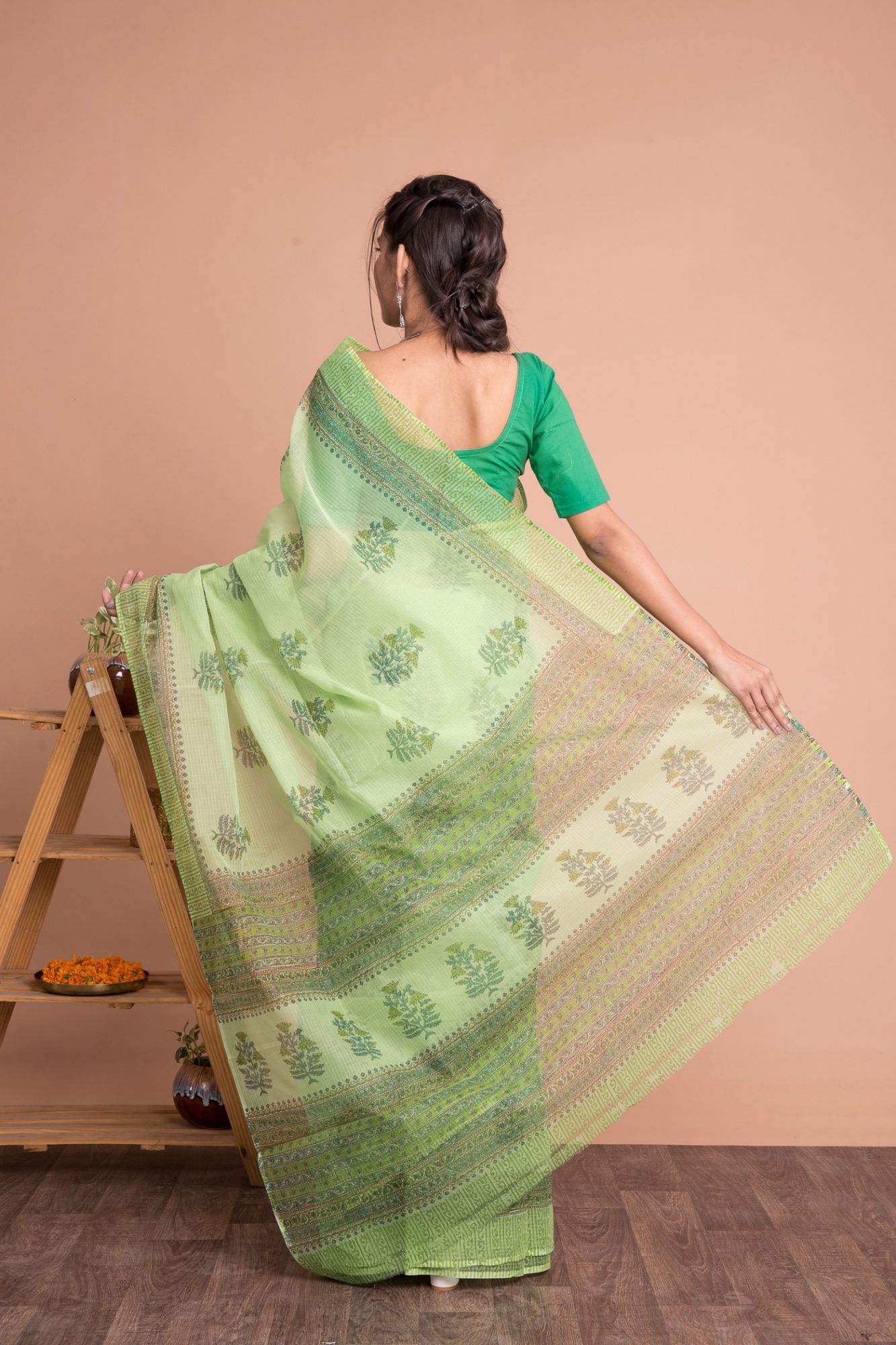 Hand Block Printed Kota Doria Saree with Mulmul Cotton Unstitched Blouse Floral Pattern