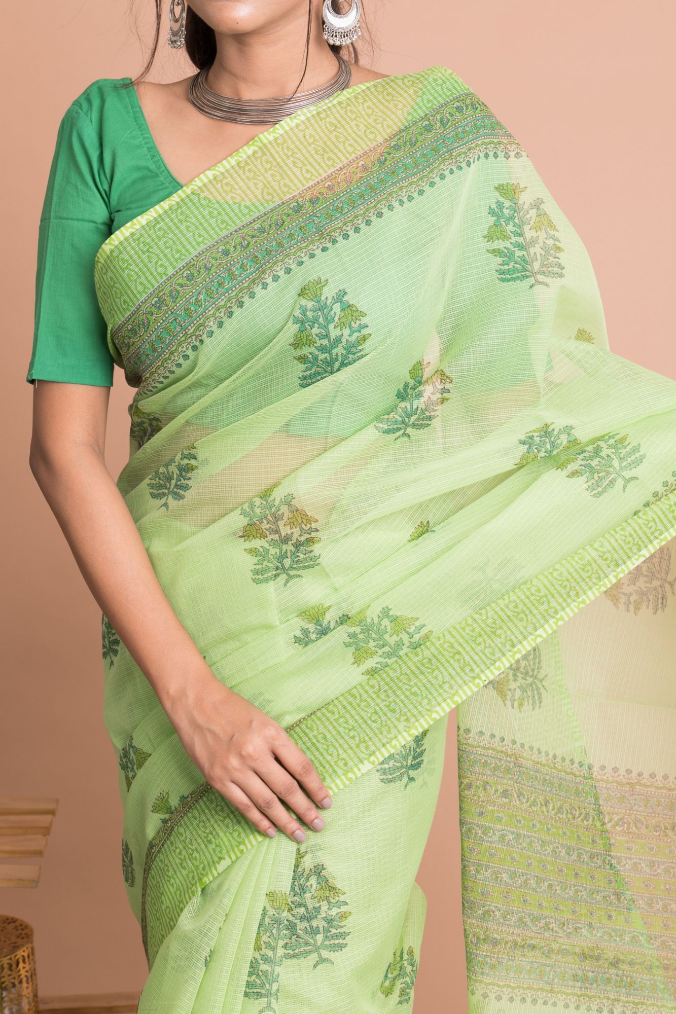 Hand Block Printed Kota Doria Saree with Mulmul Cotton Unstitched Blouse Floral Pattern