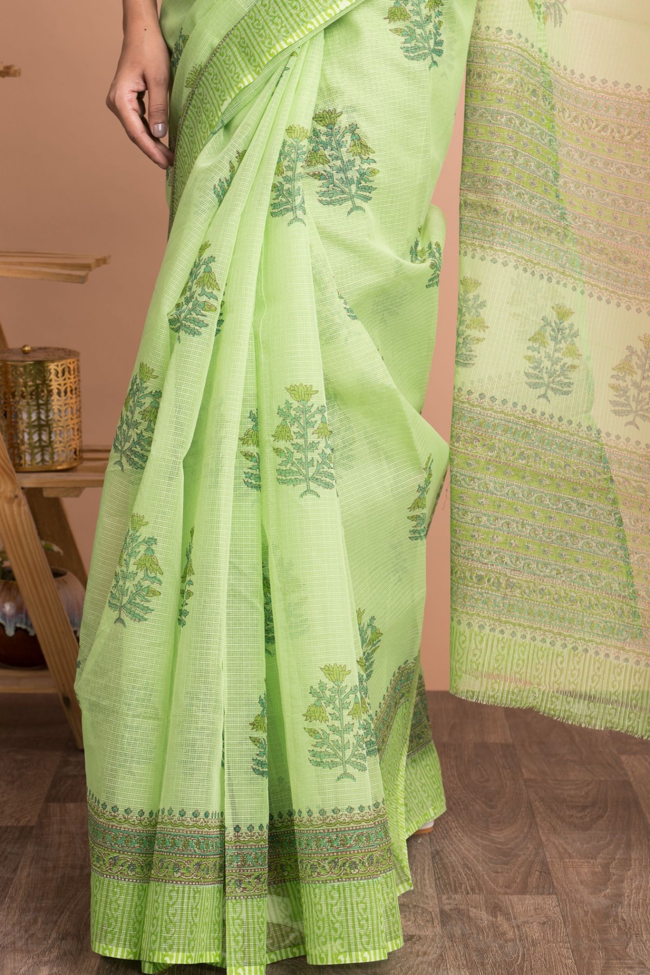 Hand Block Printed Kota Doria Saree with Mulmul Cotton Unstitched Blouse Floral Pattern