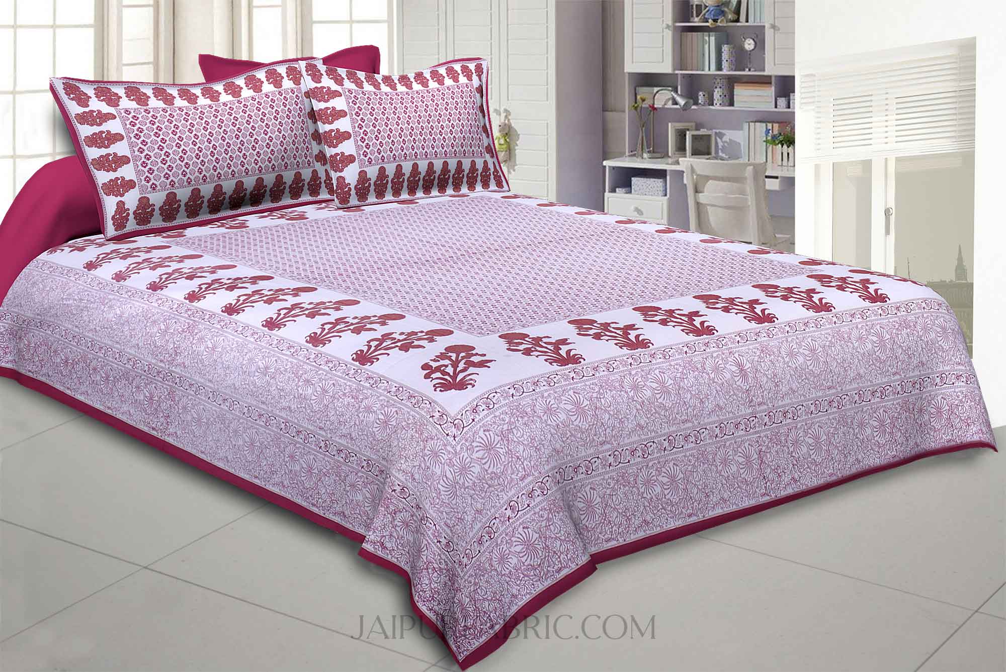 Maroon Border Floral Print Cotton Satin King Size Bedsheet