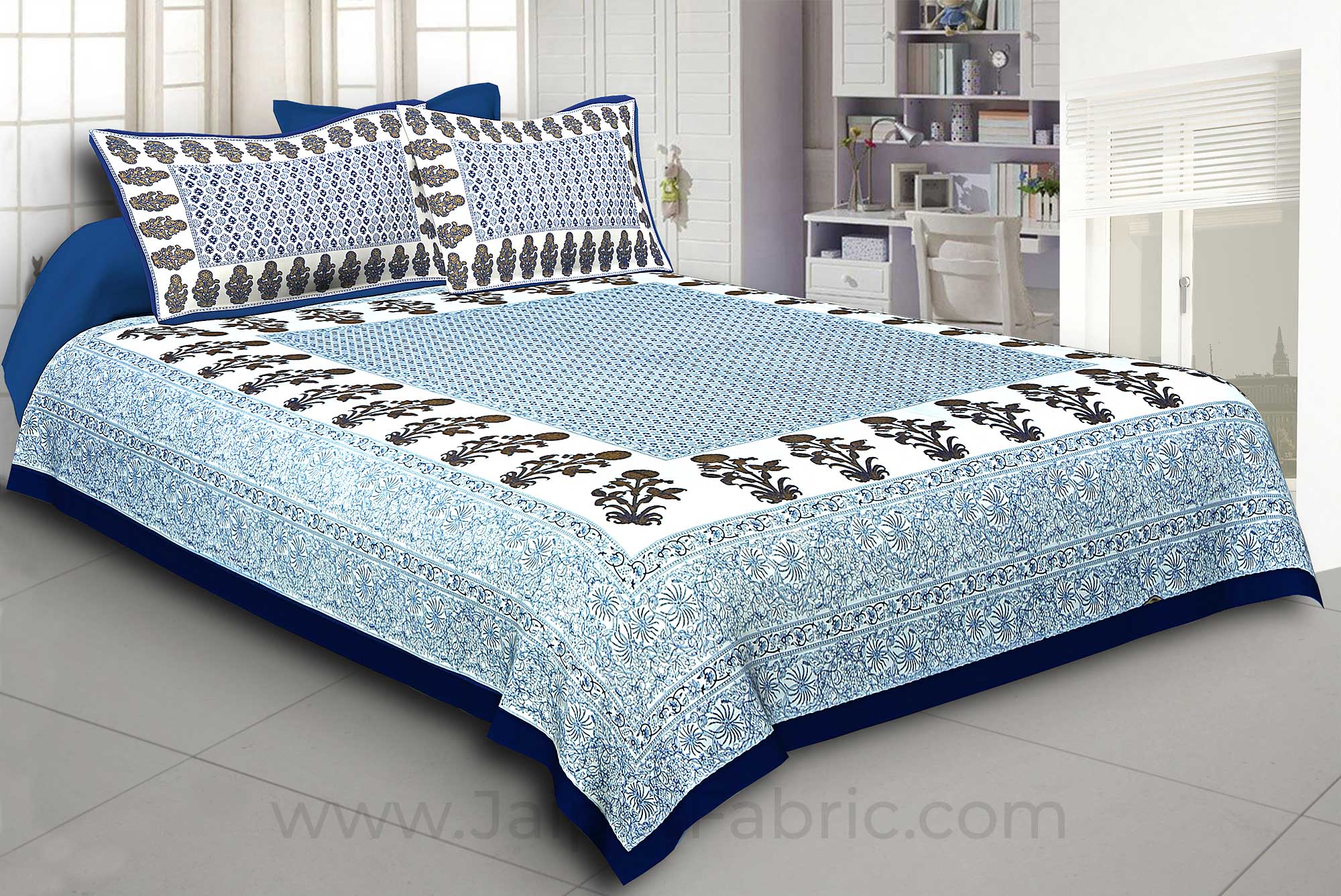 Navy Blue Border Floral Print Cotoon Satin King Size Double  Bedsheet