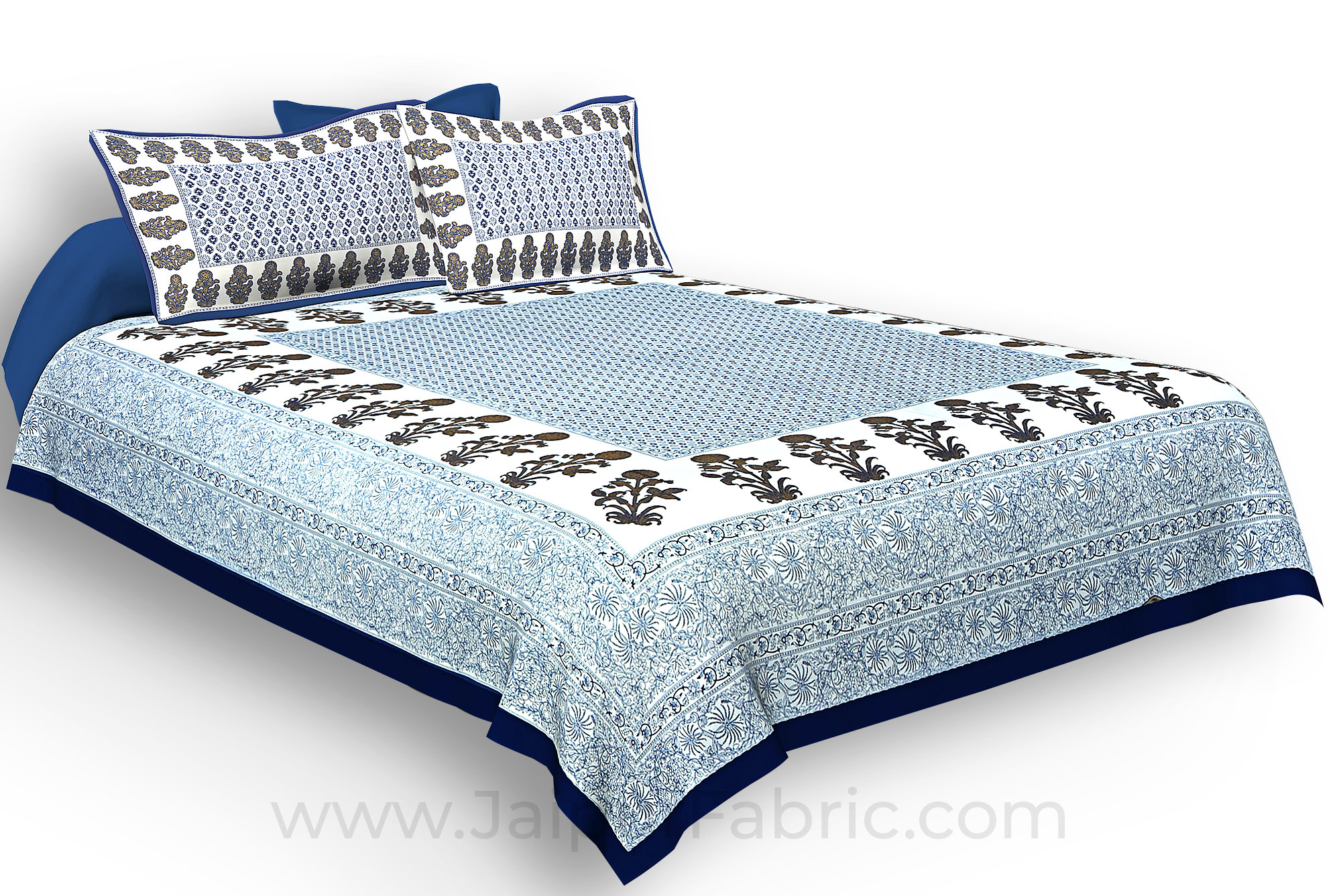 Navy Blue Border Floral Print Cotoon Satin King Size Double  Bedsheet