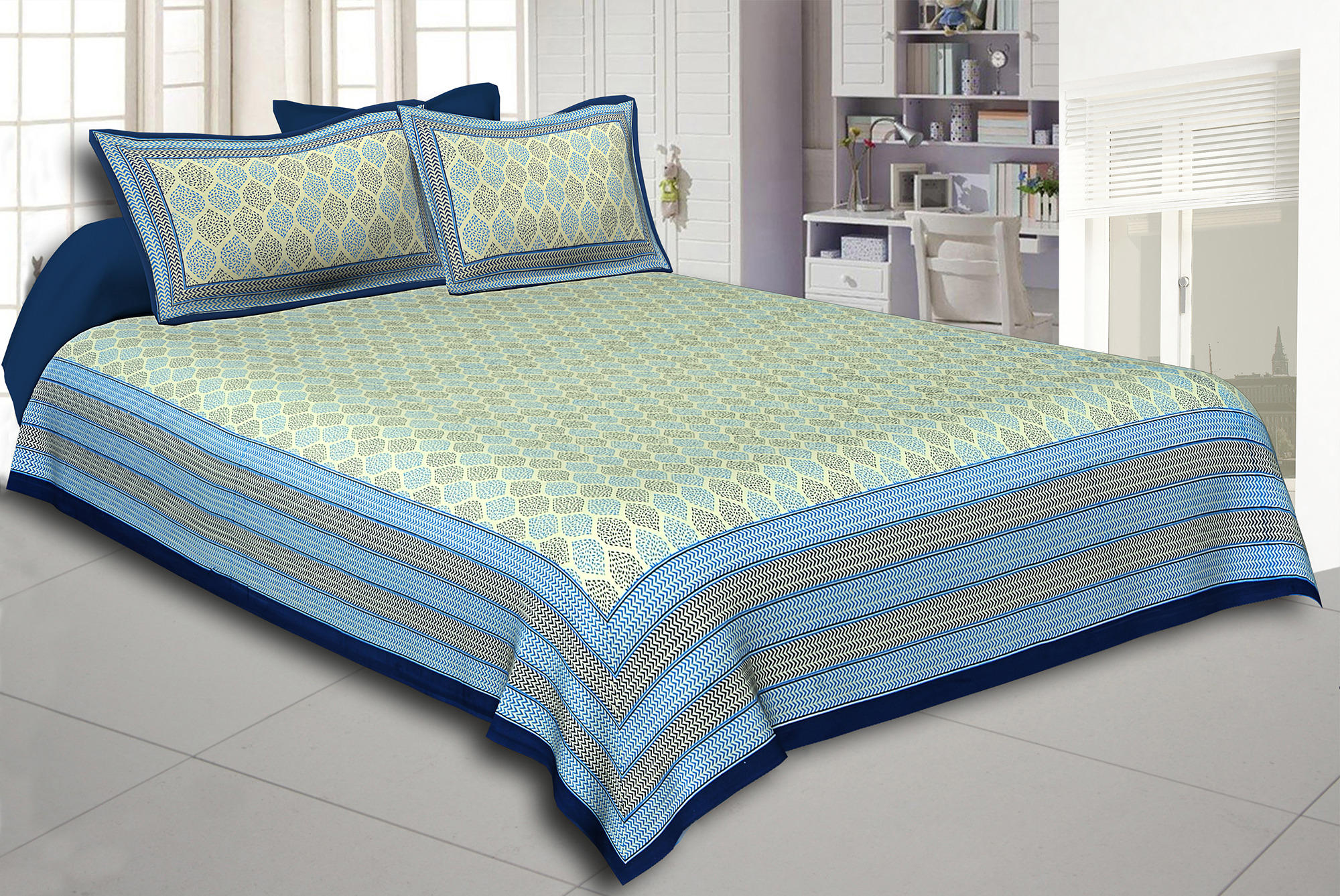 Navy Blue  Border Cream Base Leaf Pigment Cotton Satin Hand Block King Size Double Bedsheet