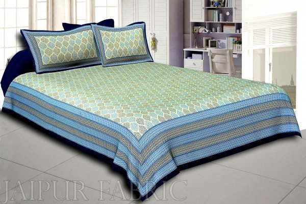 Navy Blue  Border Cream Base Leaf Pigment Cotton Satin Hand Block King Size Double Bedsheet