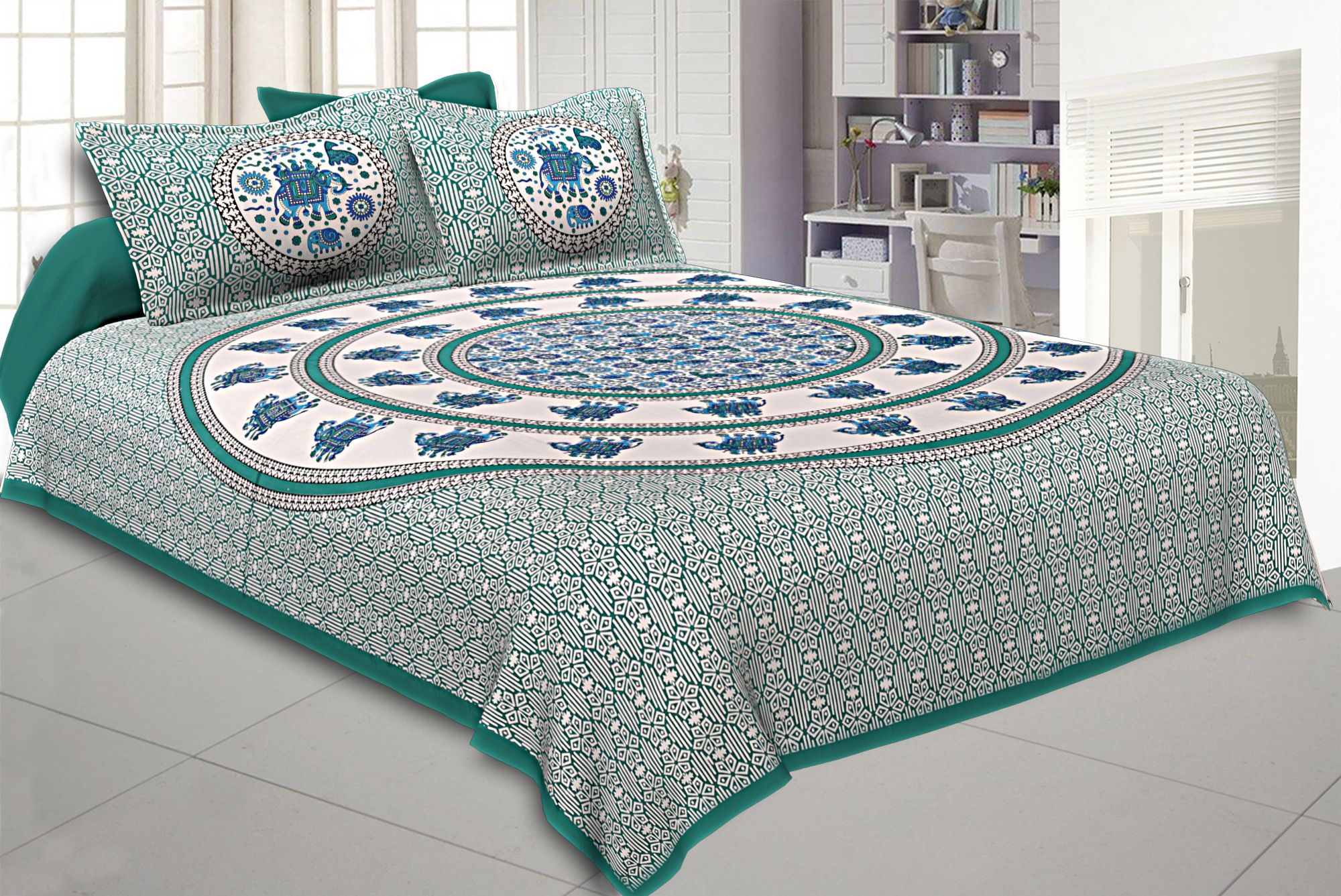 King Size Bedsheet Sea Green  Border Circle Elephant Pattern Screen Print With Two Pillow Cover