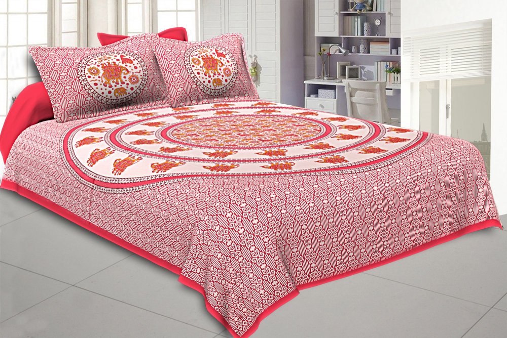 King Size Bedsheet Pink Border Circle Elephant Pattern Screen Print With Two Pillow Cover