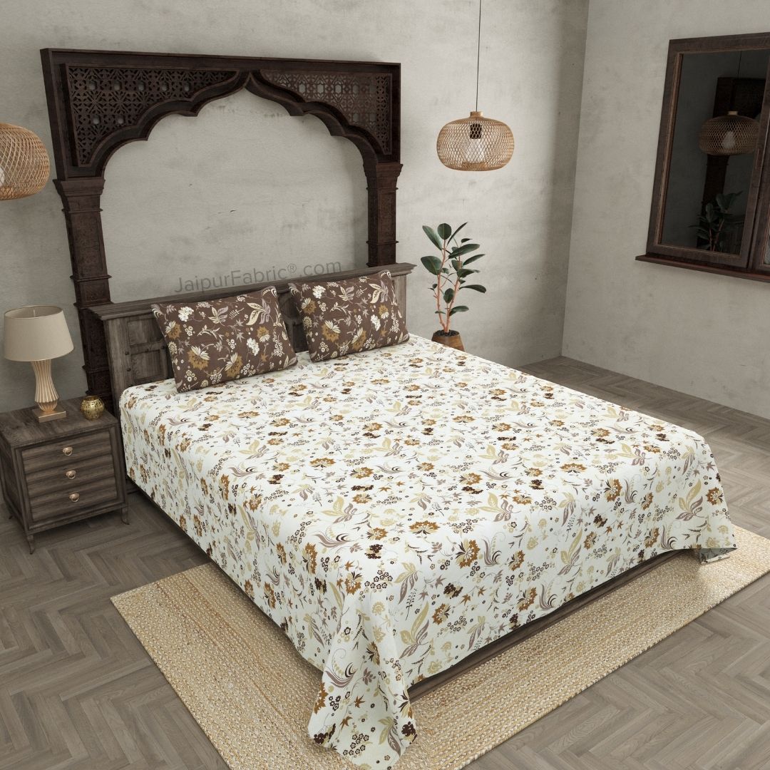 Flowery Spring Off White Chocolate Brown Cotton King Size Bedsheet