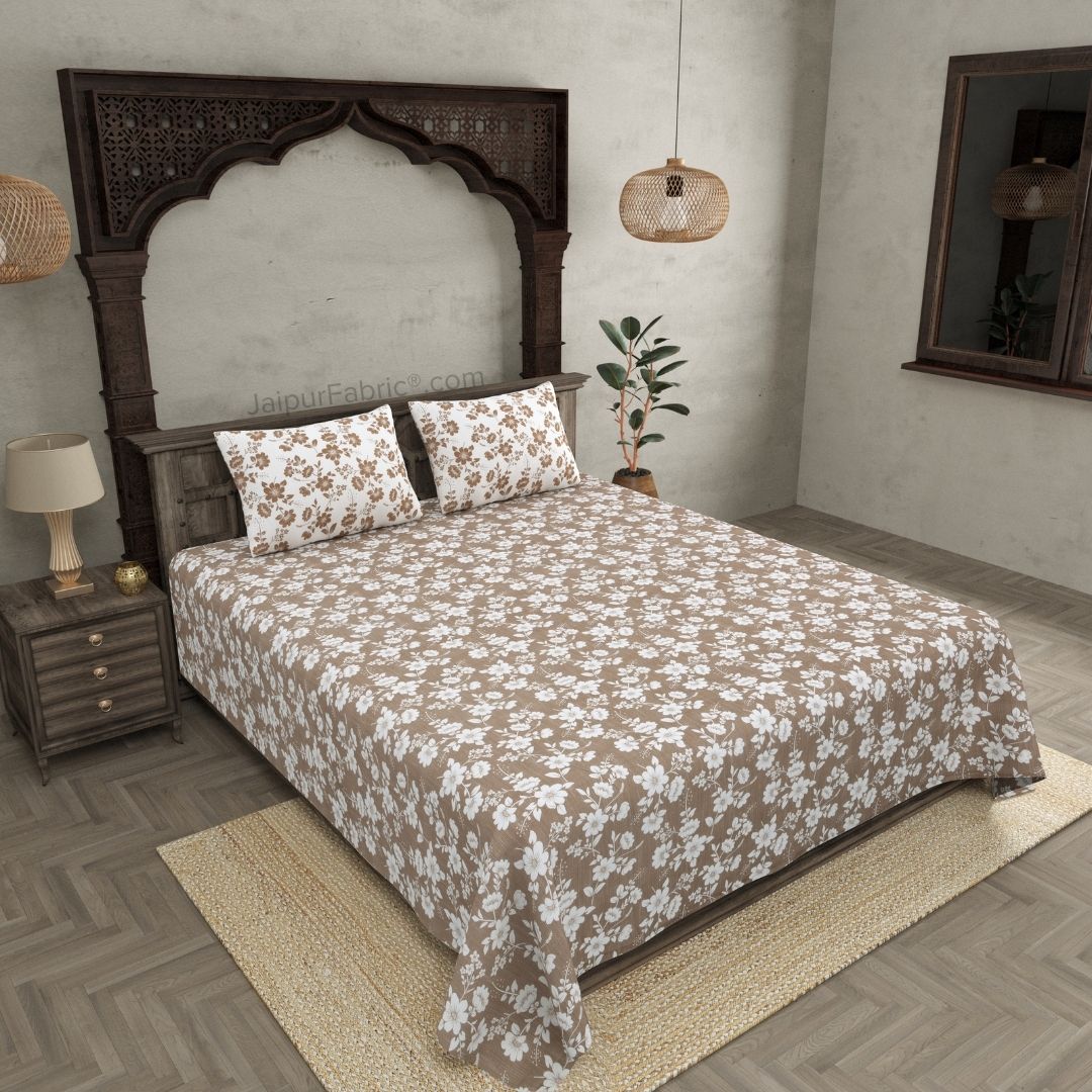 Summer Revival Brown Cotton King Size Bedsheet