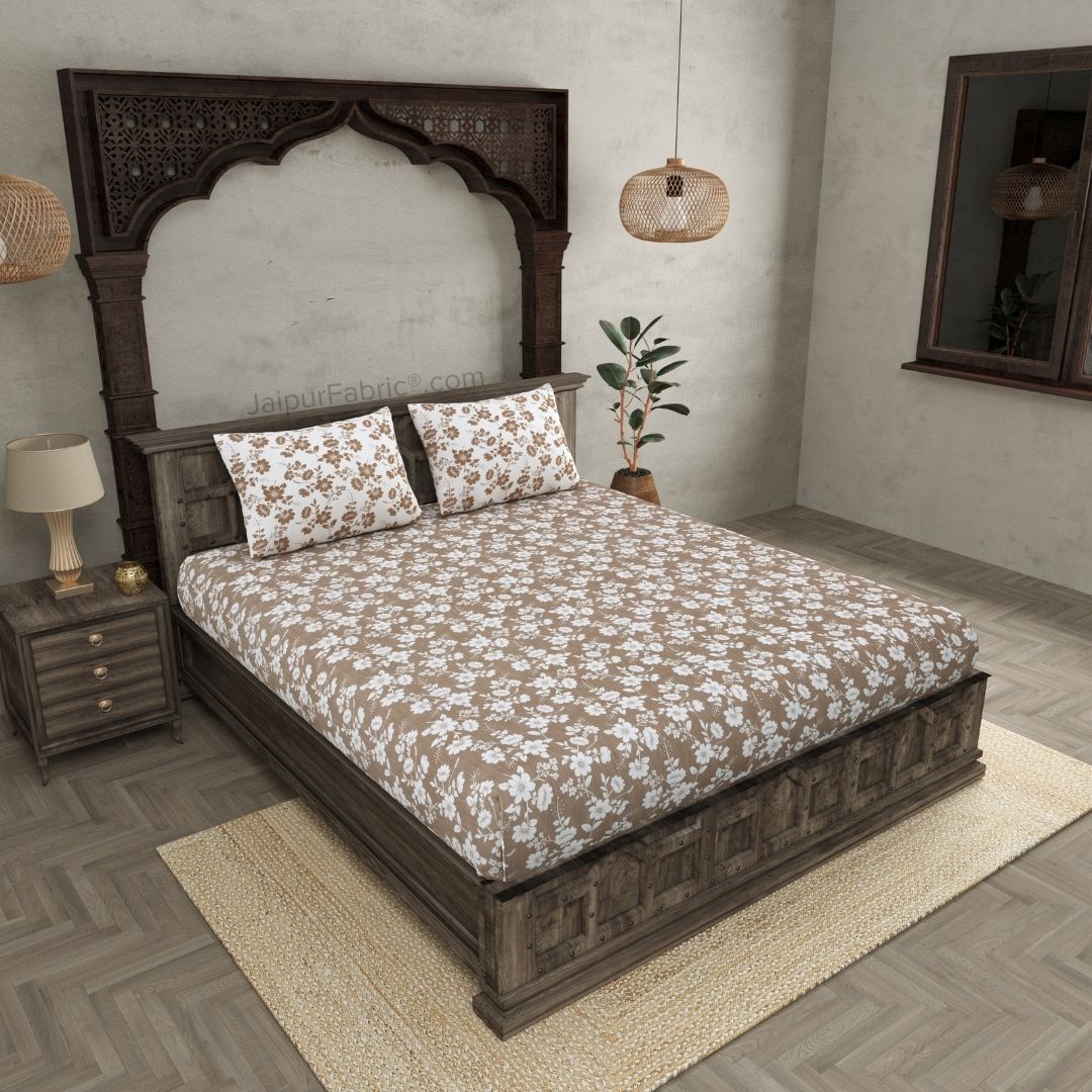 Summer Revival Brown Cotton King Size Bedsheet