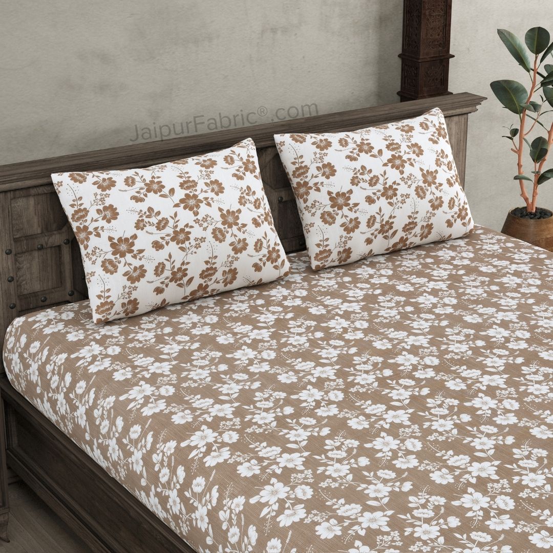 Summer Revival Brown Cotton King Size Bedsheet