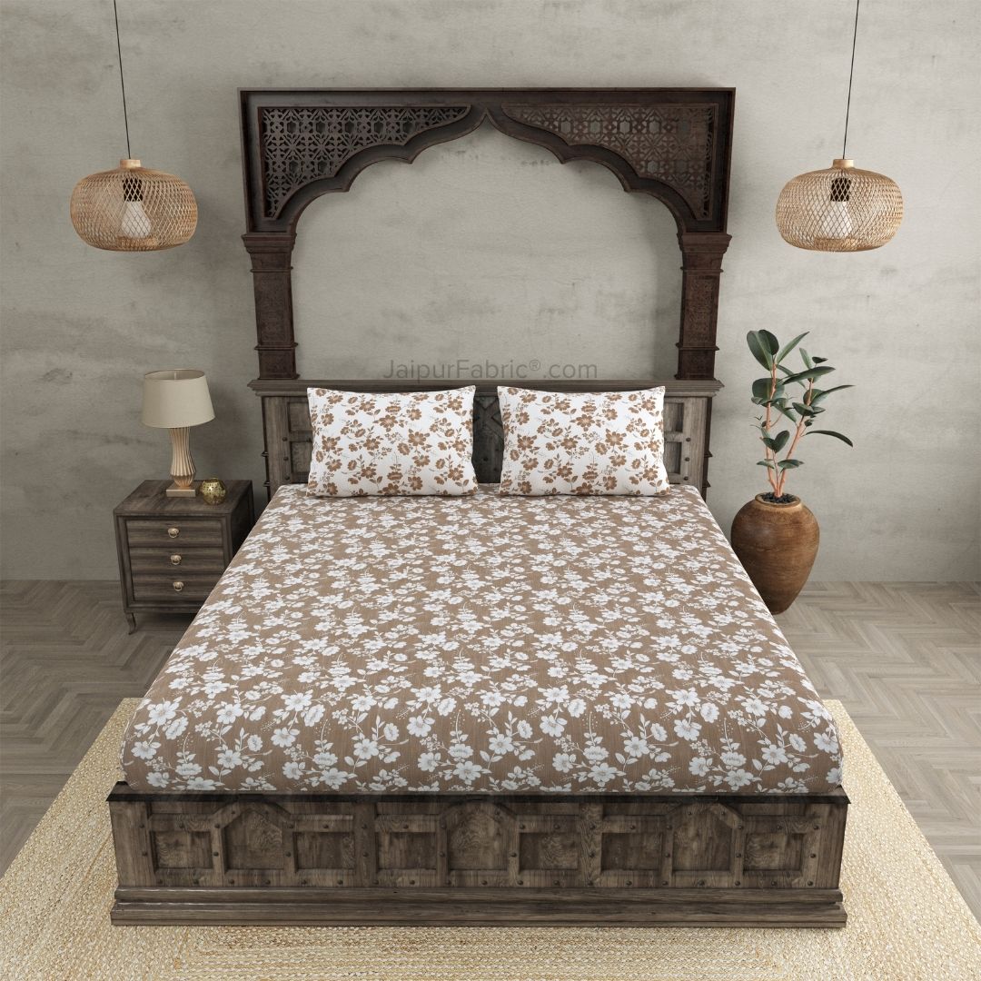 Summer Revival Brown Cotton King Size Bedsheet