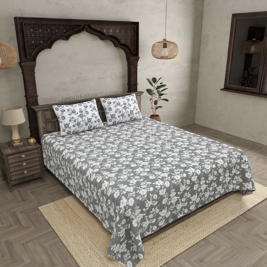 Summer Revival Grey Cotton King Size Bedsheet