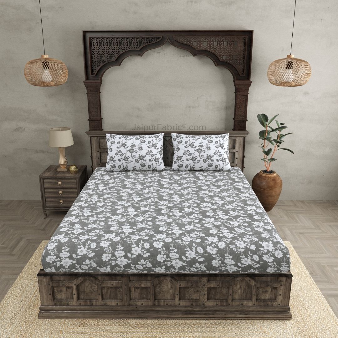 Summer Revival Grey Cotton King Size Bedsheet