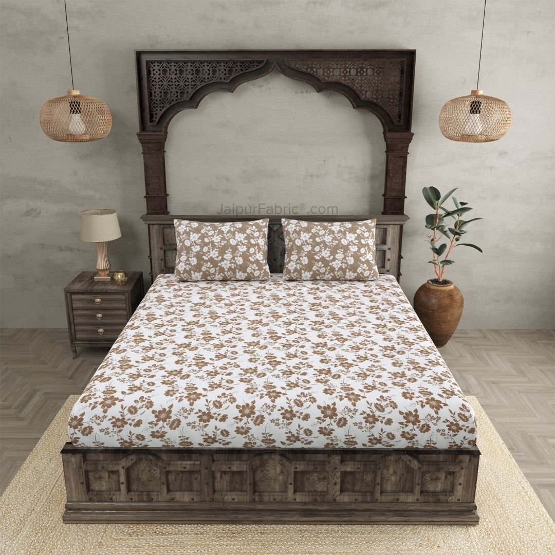 Summer Revival Off White Brown Cotton King Size Bedsheet