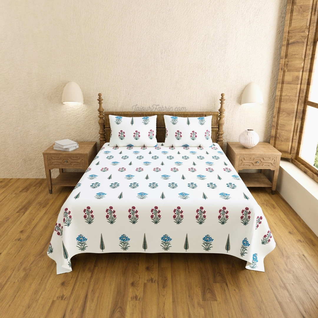 India Blocks of Red Blue Flowers Grey Leaves King Size Block Printed Bedsheet