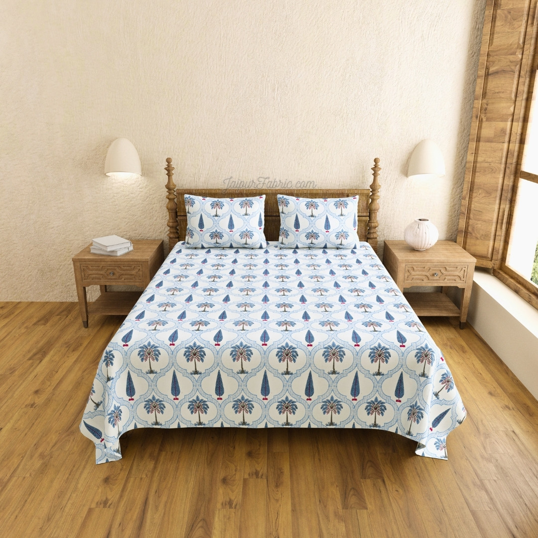 Jaipur Mela Hand Block Printed Blue Trees and Flowers King Size Bedsheet