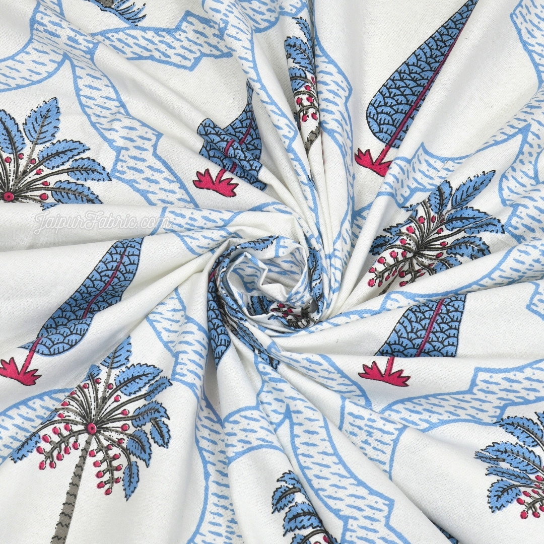 Jaipur Mela Hand Block Printed Blue Trees and Flowers King Size Bedsheet