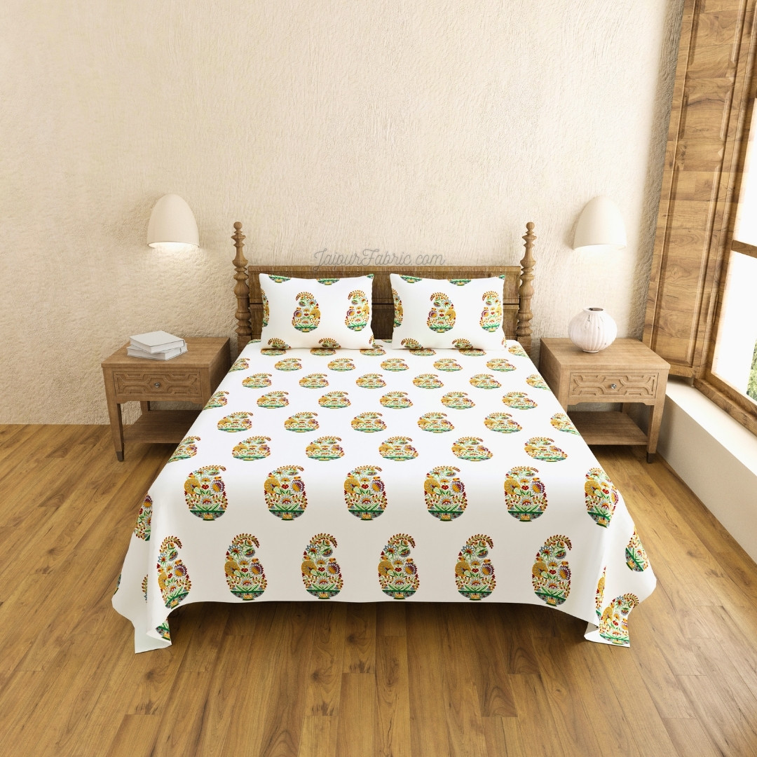 Hand Block Printed Bedsheet Floral Valley Bunai Pattern Indian Kairi Design King Size Bedsheet