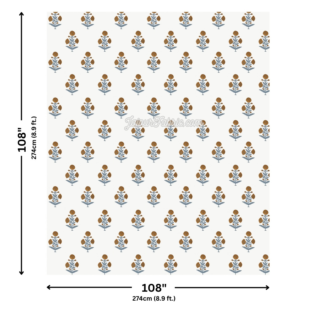 Classic Floral Boota Hand Block Printed Bedsheet with Marigold Flower and Grey Leaves
