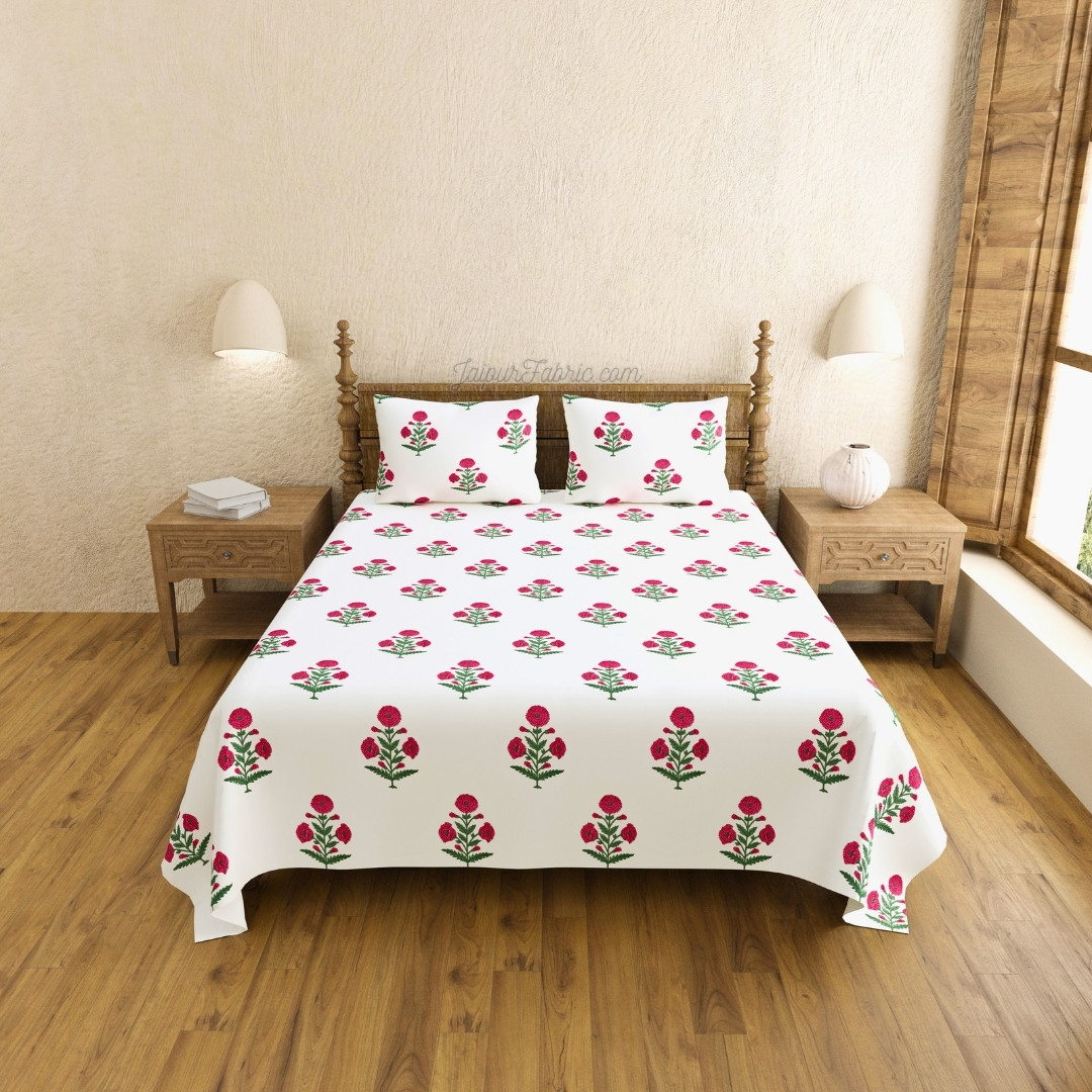 Ocean Enclave Handblock Red Flowers and Green Leaves King Size Bedsheet