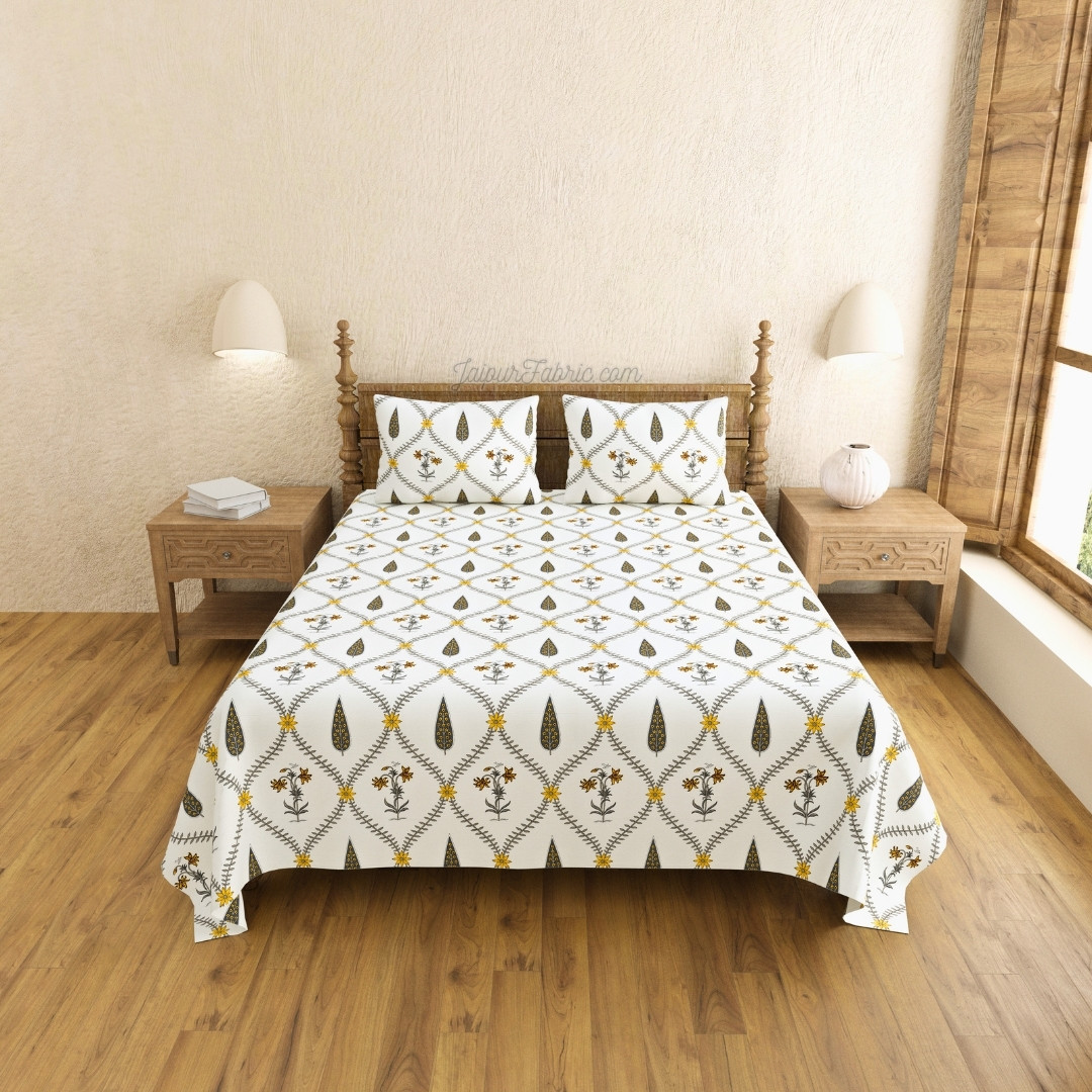 Beautiful Yellow & Grey Pookalam Floral Symphony Rihaa Handblock Printed King Size Bedsheet