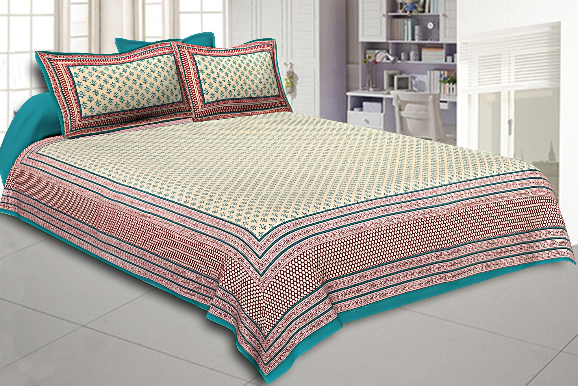 King Size Double Bedsheet Block Print Sea Green Border  Fine Cotton Design