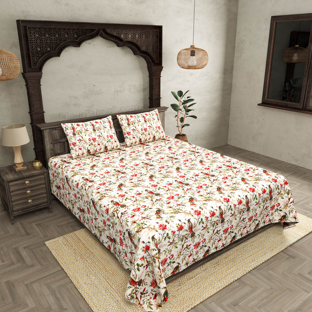 JaipurFabric® Anokhi Print Peach Bird King Size BedSheet